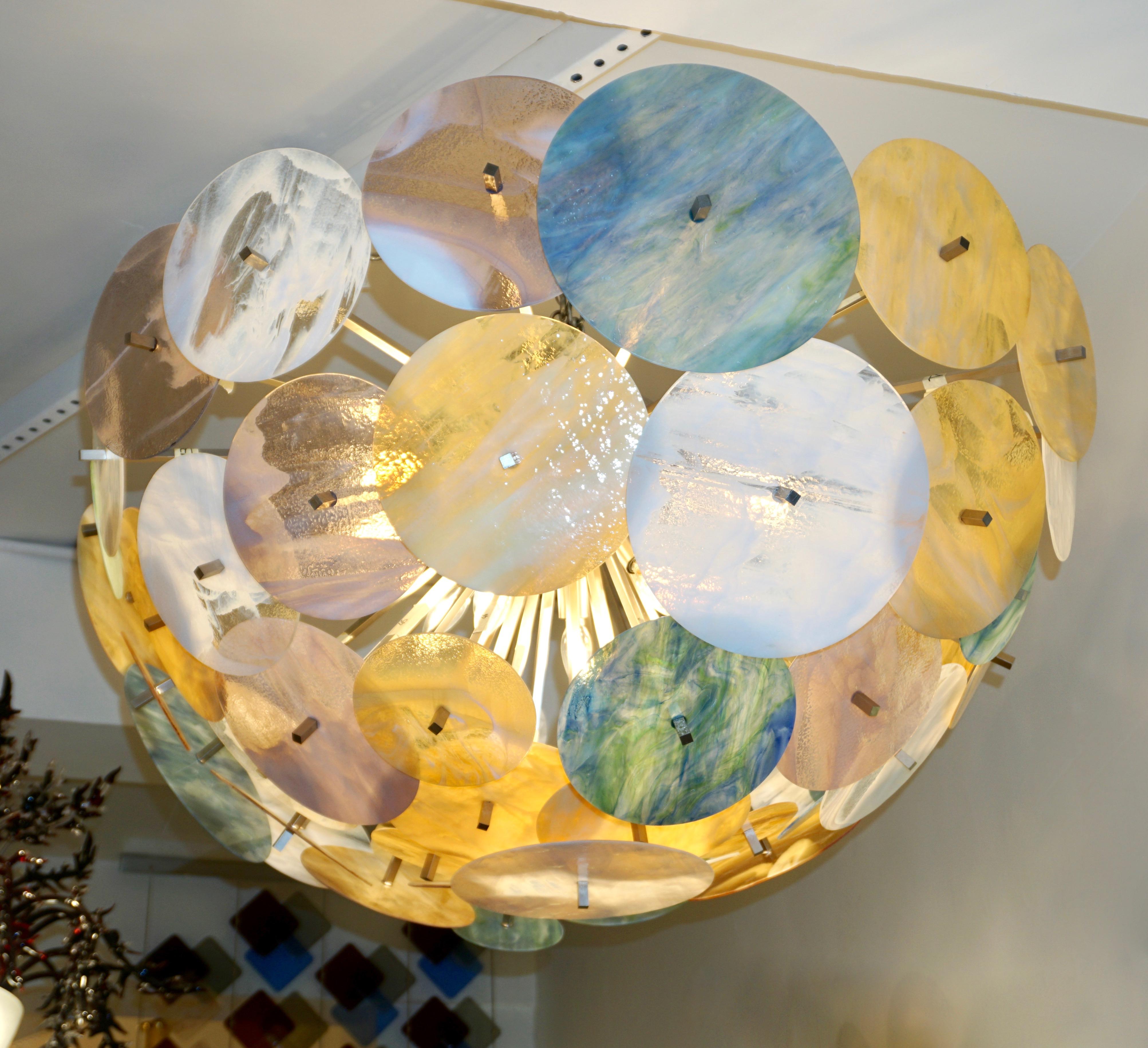 Contemporary Italian Yellow White Aqua Blue Murano Glass Oval Sputnik Flushmount For Sale 7