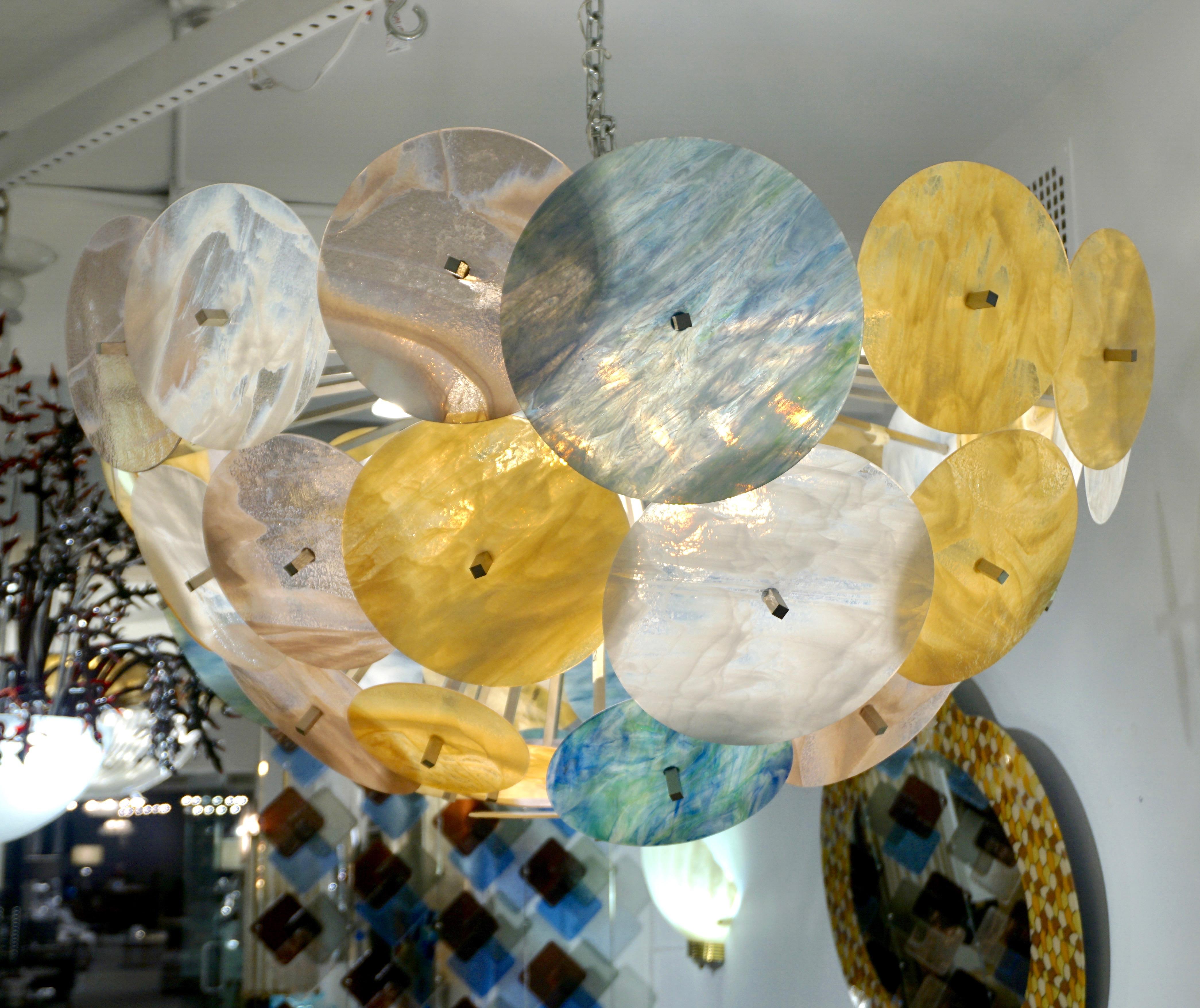 Contemporary Italian Yellow White Aqua Blue Murano Glass Oval Sputnik Flushmount For Sale 8
