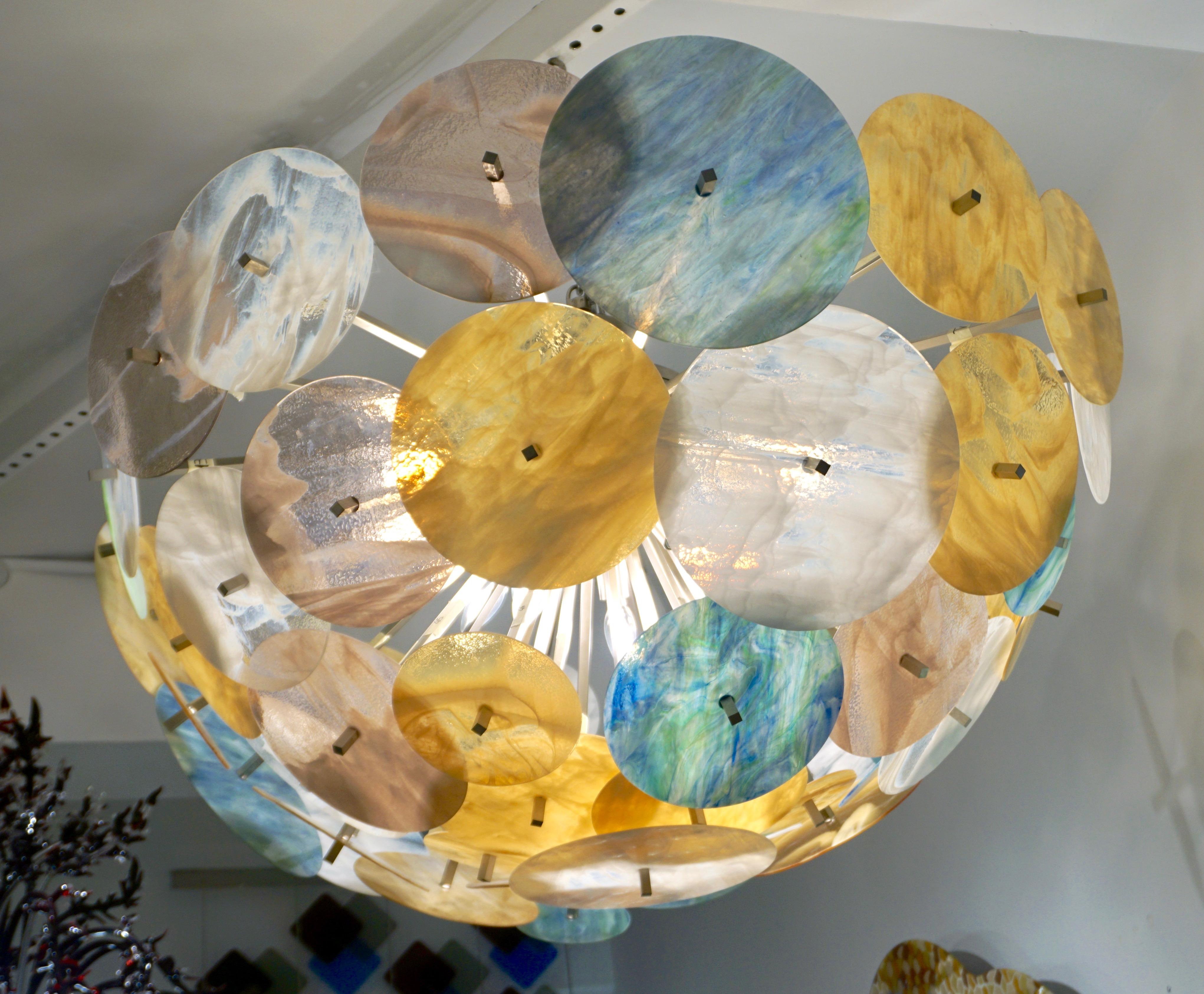 Contemporary Italian Yellow White Aqua Blue Murano Glass Oval Sputnik Flushmount For Sale 9