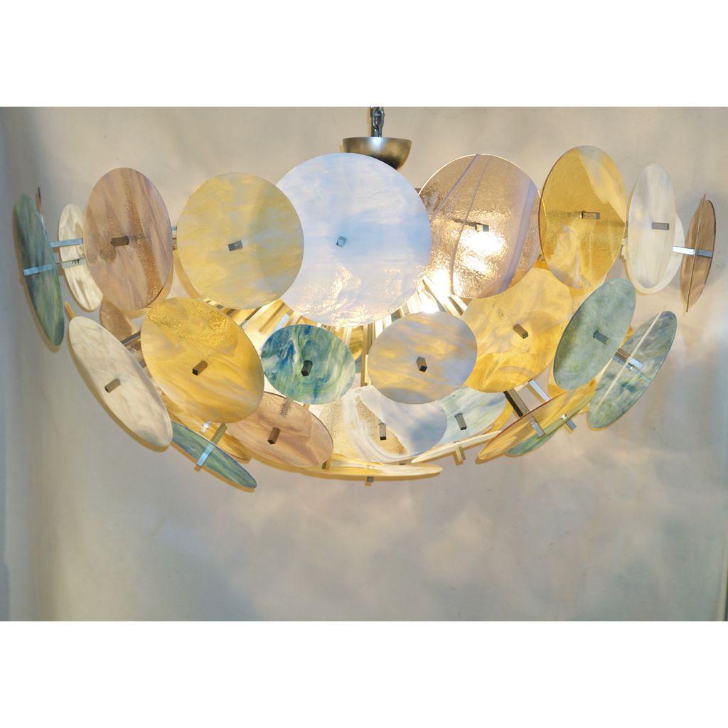 Organic Modern Contemporary Italian Yellow White Aqua Blue Murano Glass Oval Sputnik Flushmount For Sale