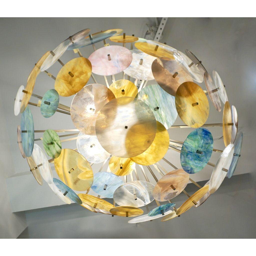 Contemporary Italian Yellow White Aqua Blue Murano Glass Oval Sputnik Flushmount In New Condition For Sale In New York, NY