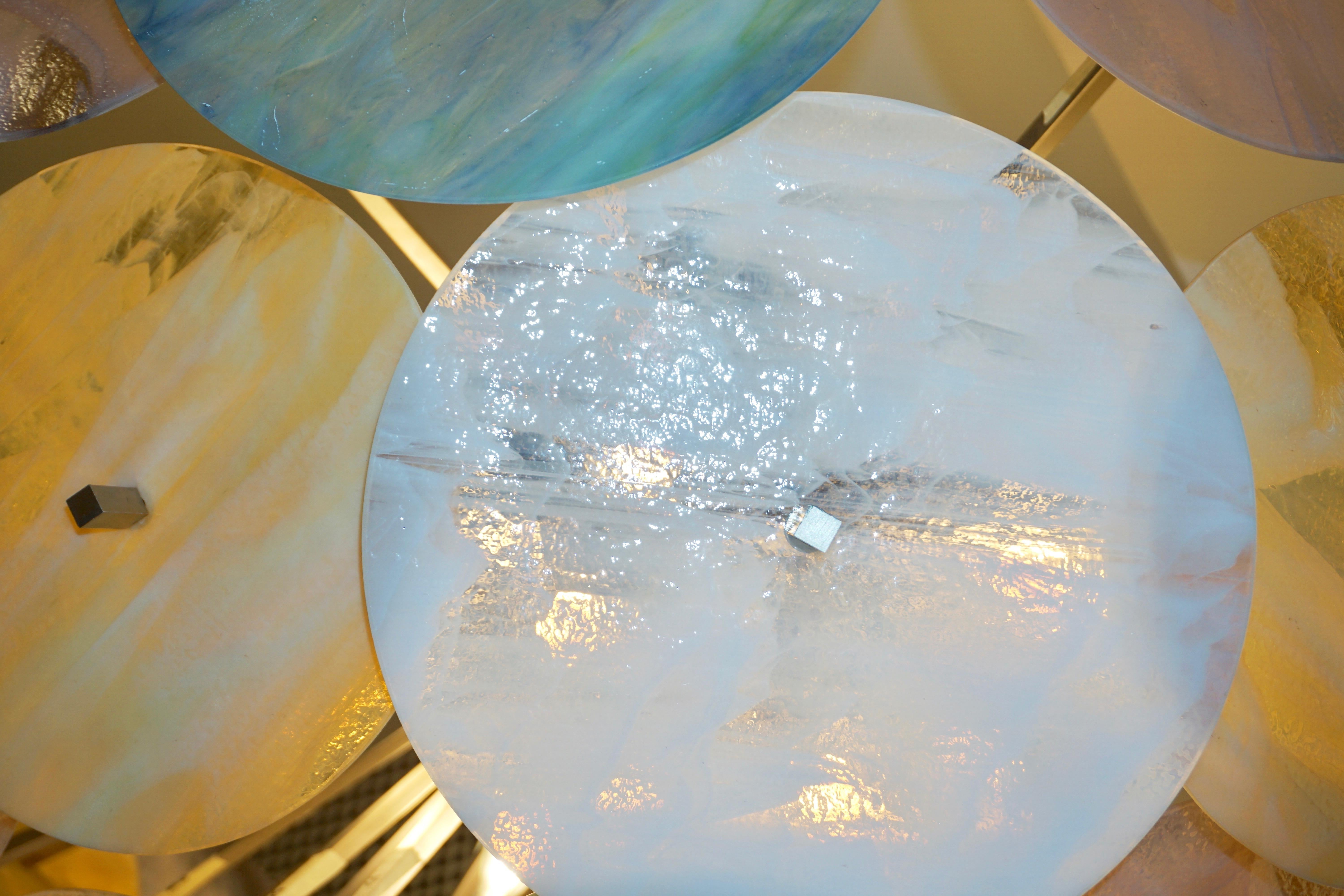 Contemporary Italian Yellow White Aqua Blue Murano Glass Oval Sputnik Flushmount For Sale 1