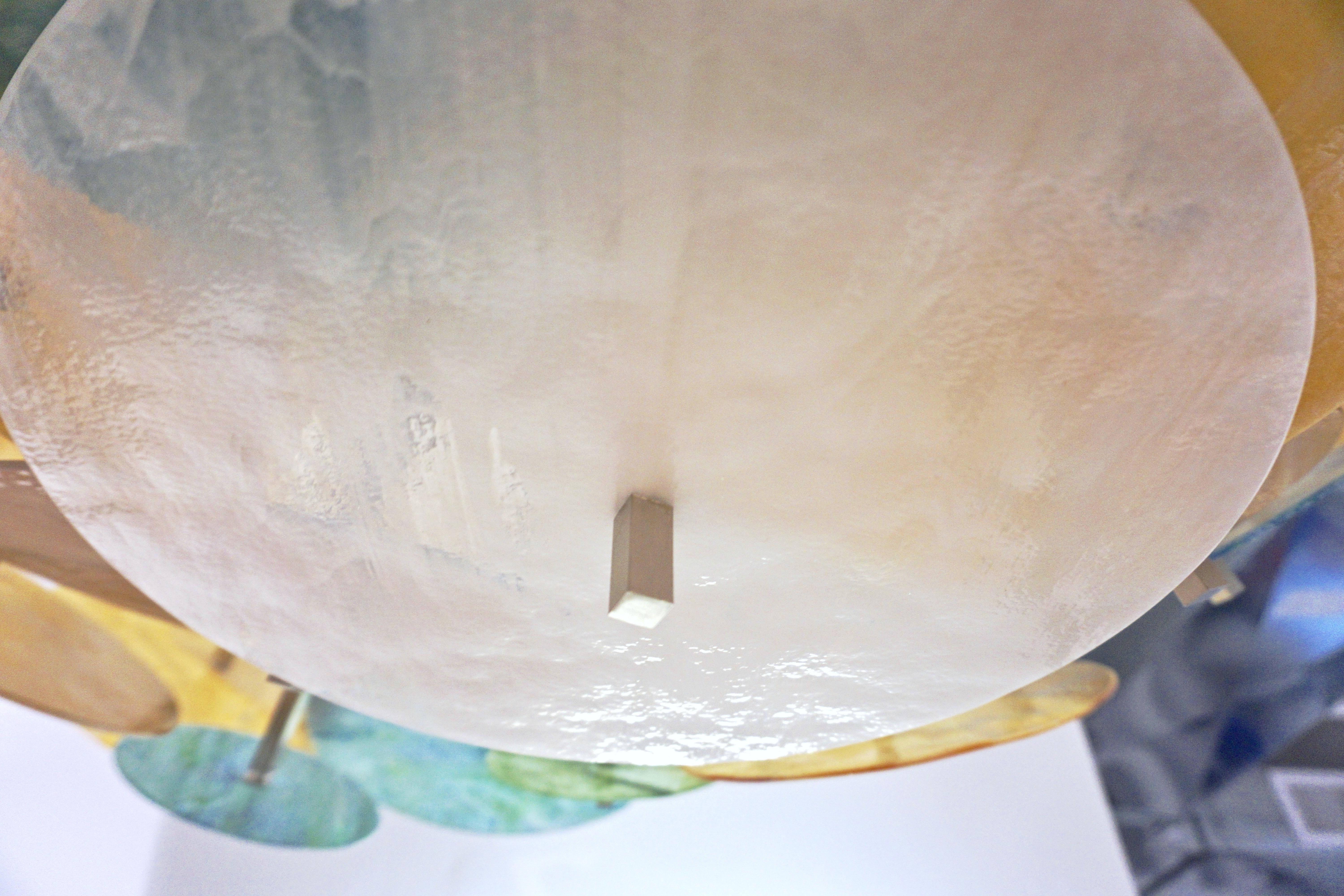 Contemporary Italian Yellow White Aqua Blue Murano Glass Oval Sputnik Flushmount For Sale 3