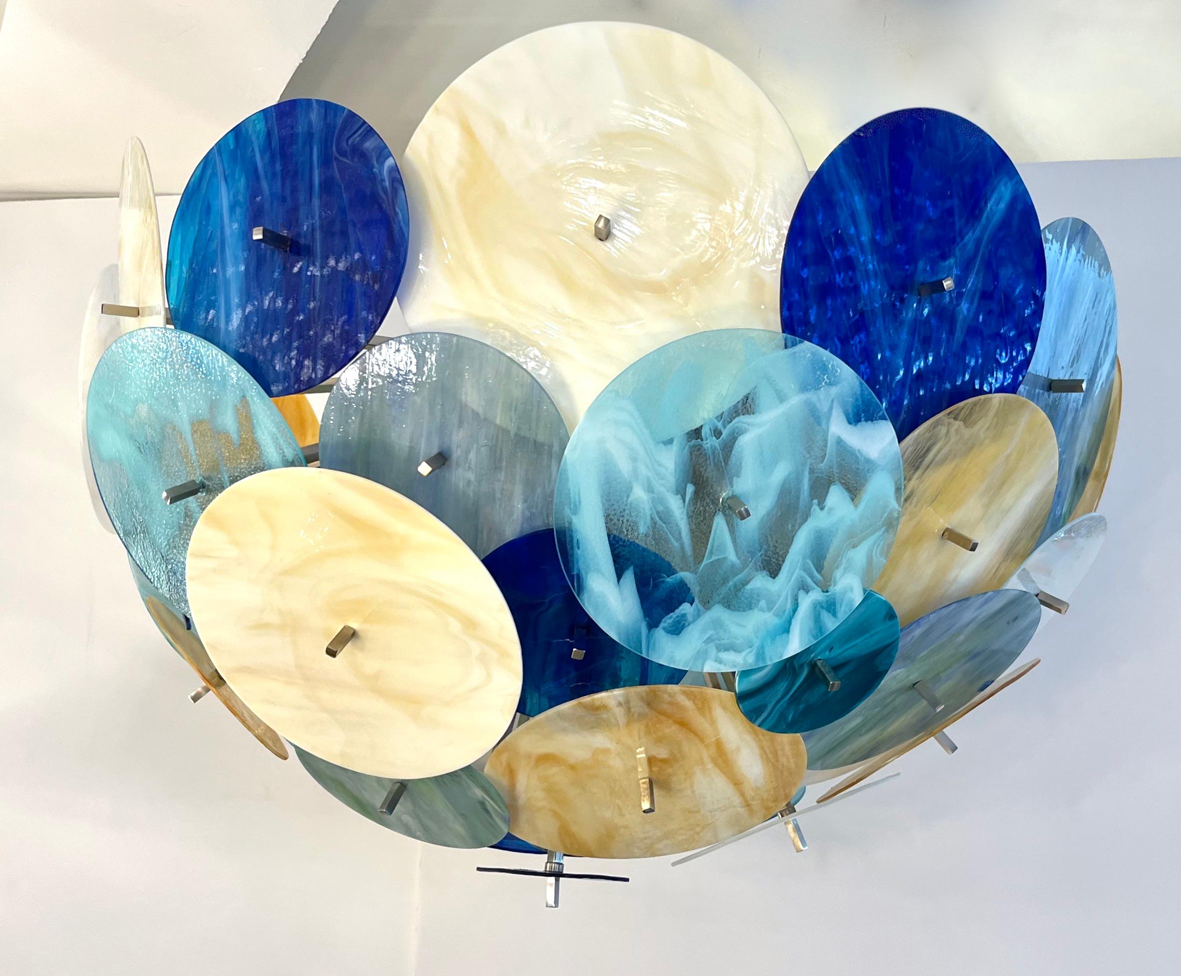 Contemporary Italian Yellow White Blue Green Murano Glass Sputnik Flushmount For Sale 6