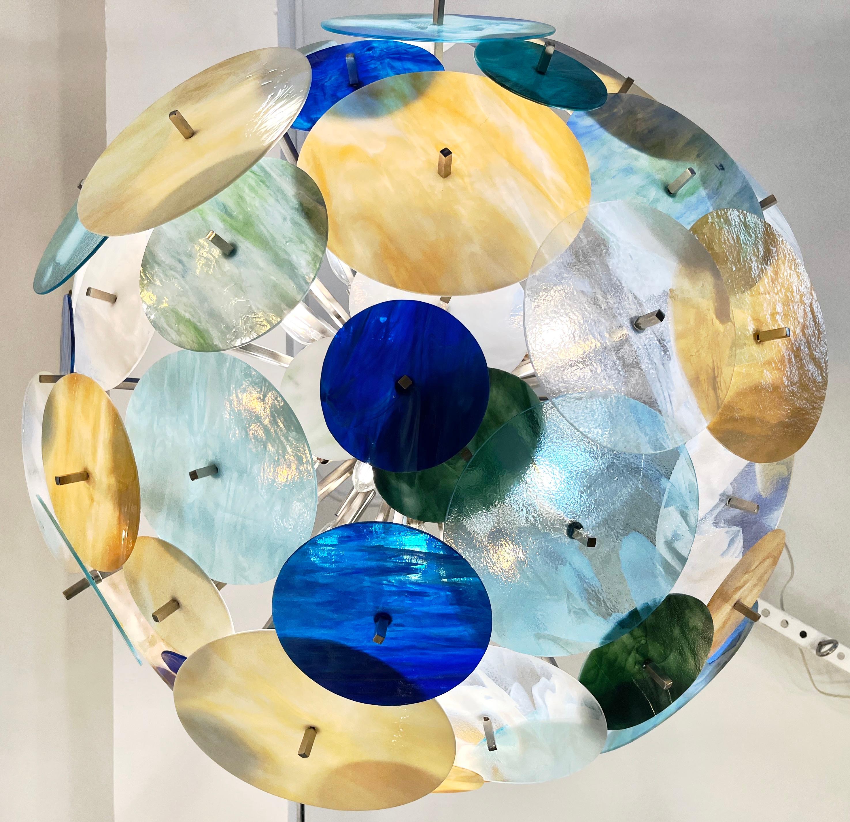 Contemporary Italian Yellow White Blue Green Murano Glass Sputnik Flushmount For Sale 14
