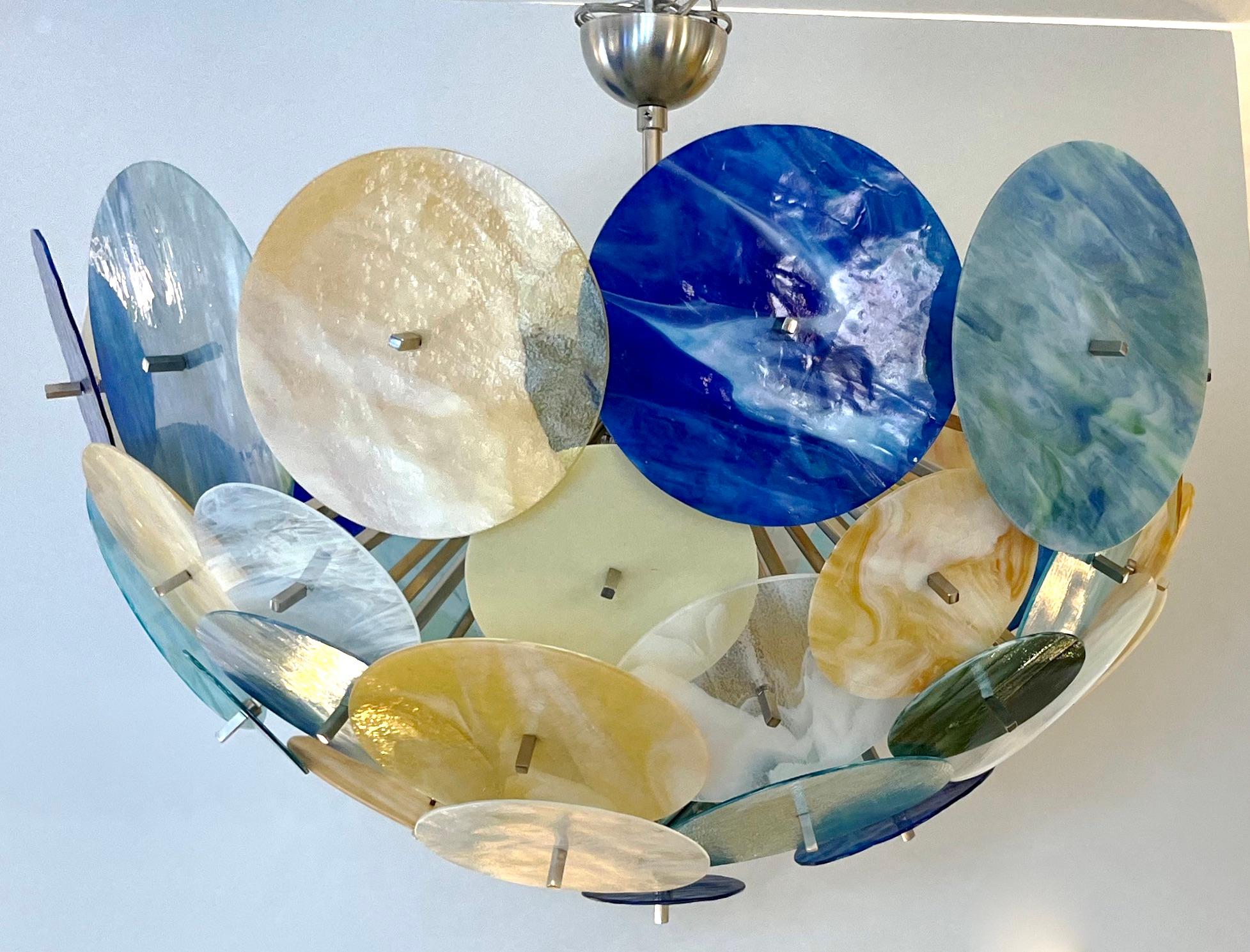Contemporary Italian Yellow White Blue Green Murano Glass Sputnik Flushmount For Sale 12