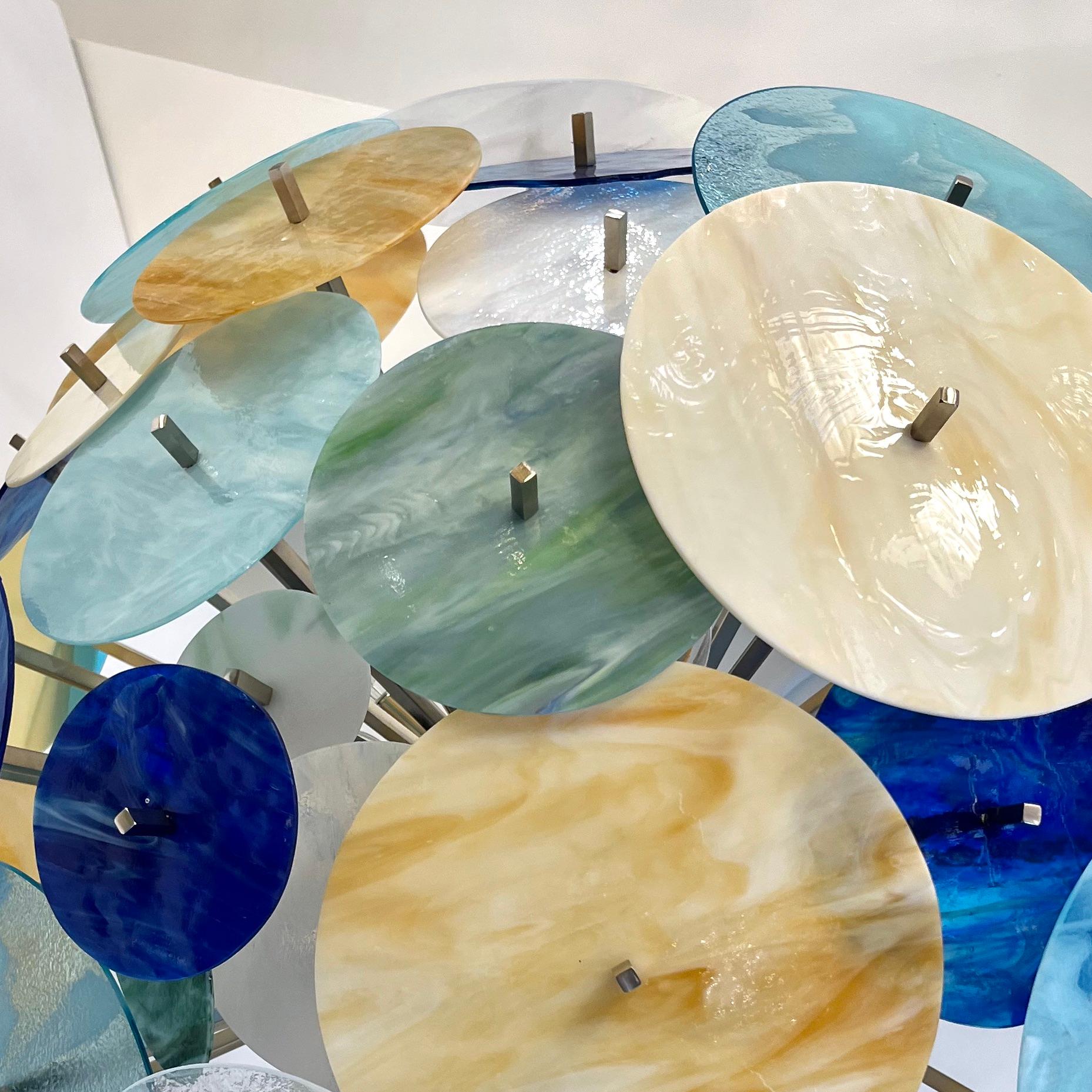 Contemporary Italian Yellow White Blue Green Murano Glass Sputnik Flushmount For Sale 11