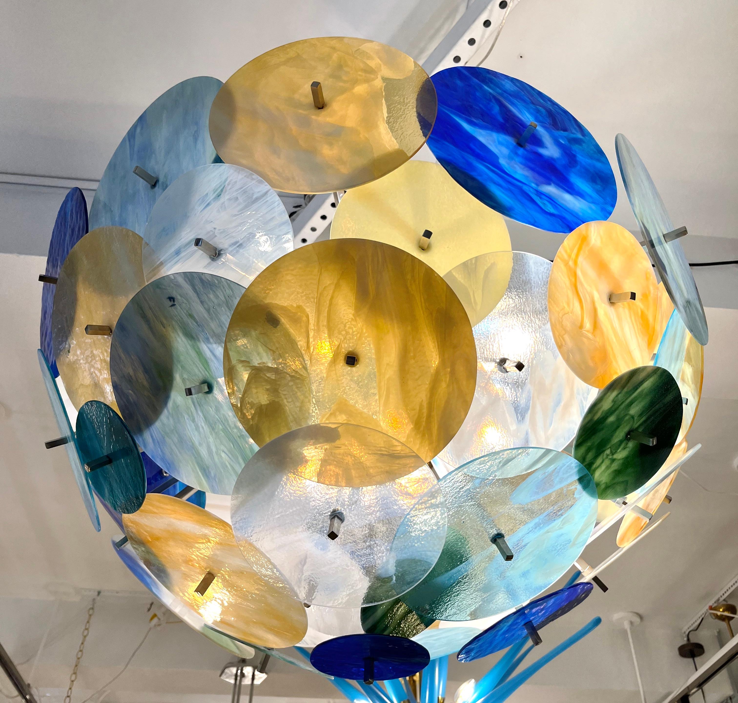 Metal Contemporary Italian Yellow White Blue Green Murano Glass Sputnik Flushmount For Sale
