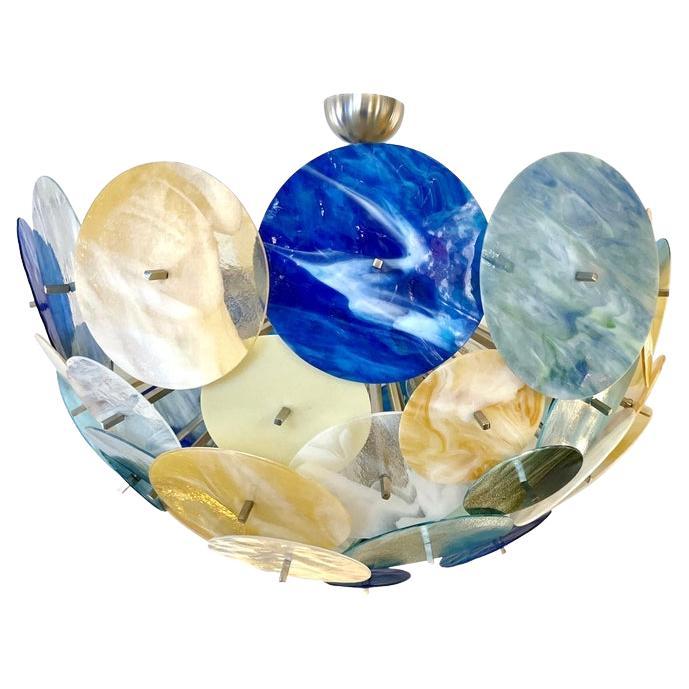 Contemporary Italian Yellow White Blue Green Murano Glass Sputnik Flushmount For Sale