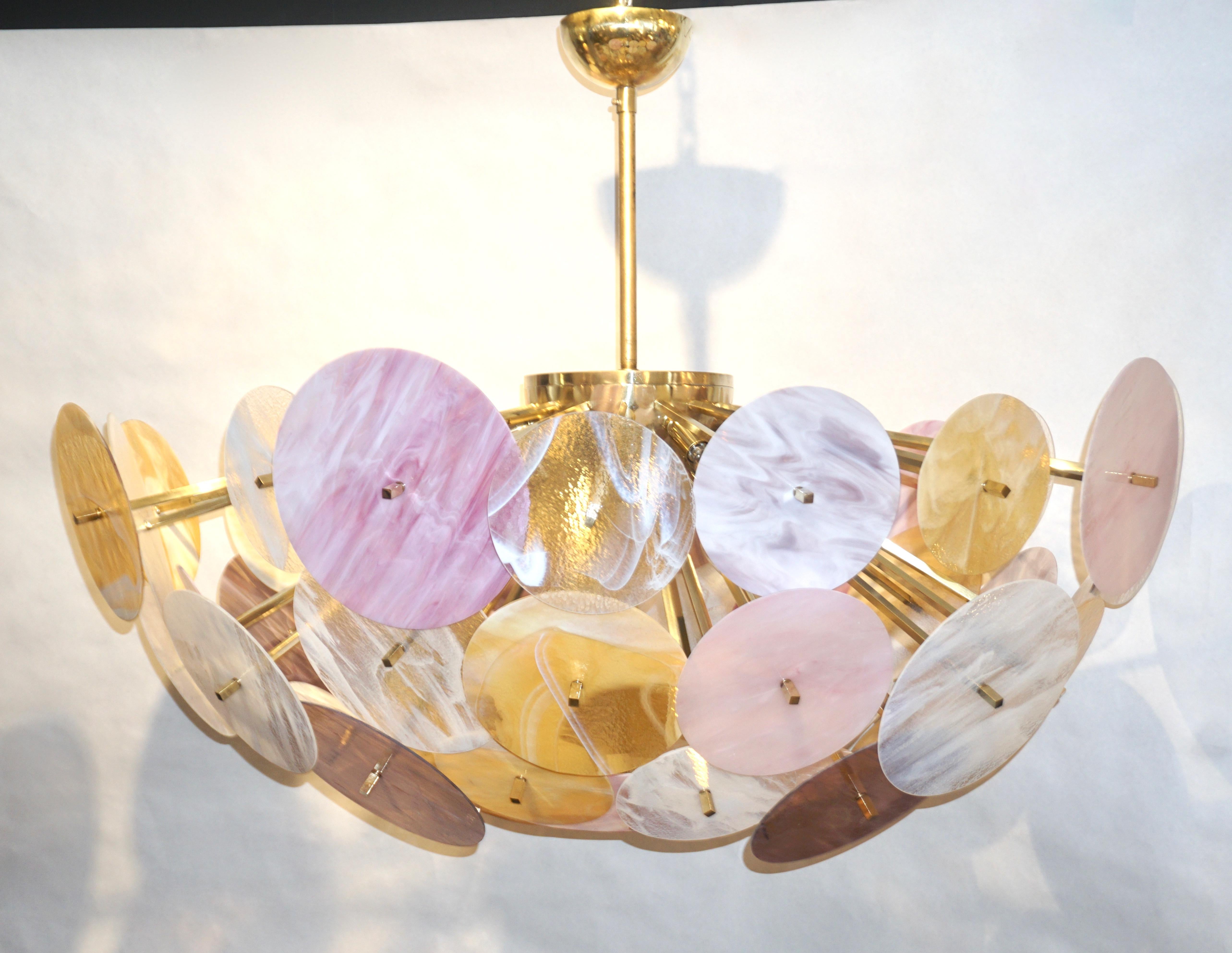 Organic Modern Contemporary Italian Yellow White Rose Pink Murano Glass Oval Sputnik Flushmount For Sale