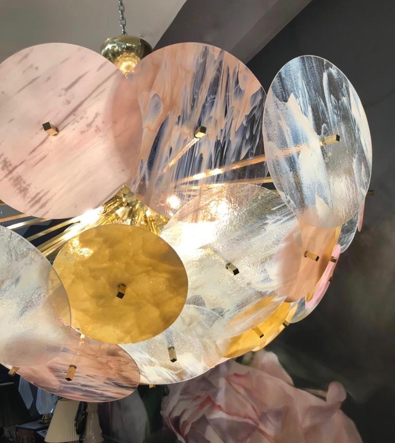 Metal Contemporary Italian Yellow White Rose Pink Murano Glass Oval Sputnik Flushmount For Sale