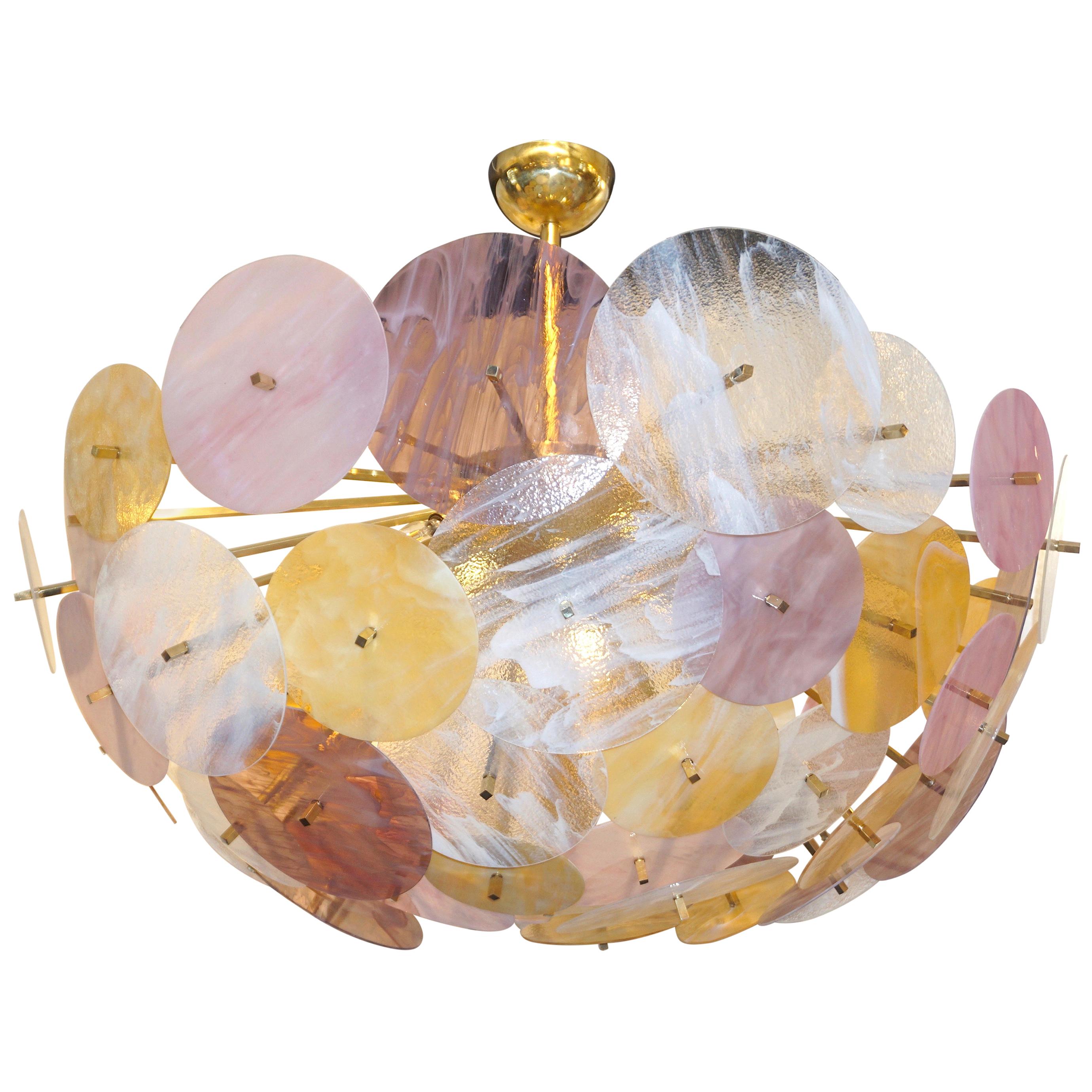 Contemporary Italian Yellow White Rose Pink Murano Glass Oval Sputnik Flushmount