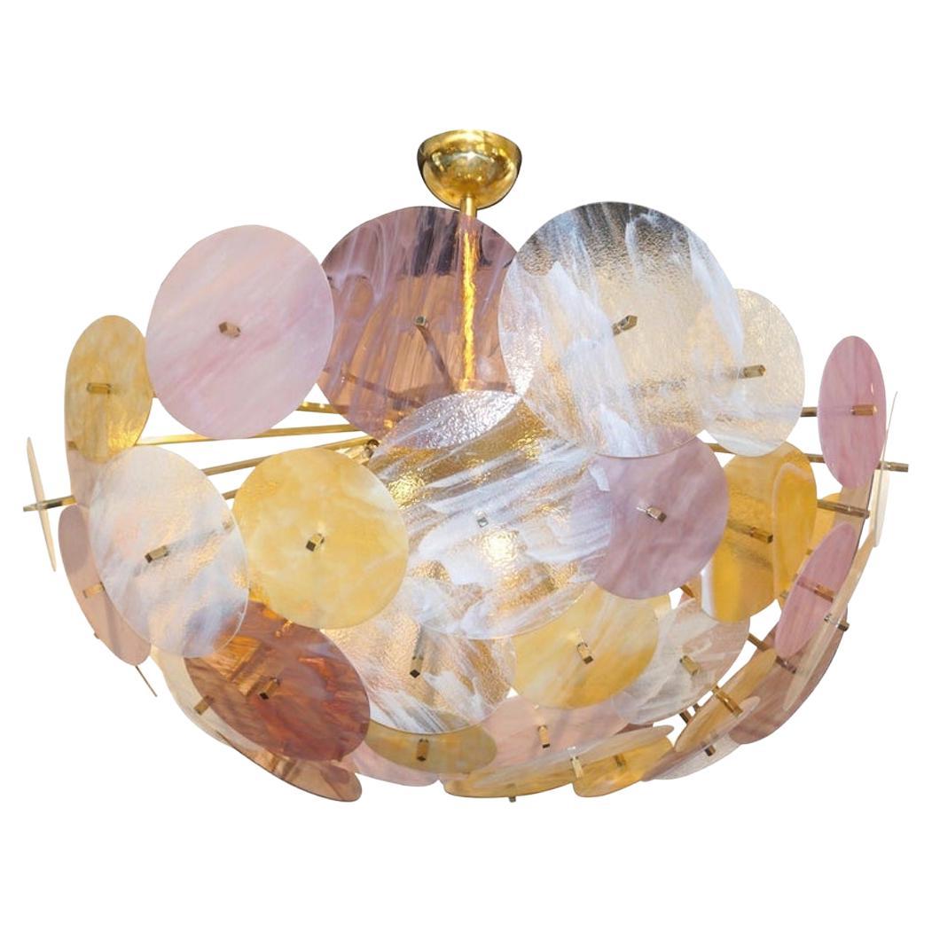Contemporary Italian Yellow White Rose Pink Murano Glass Oval Sputnik Flushmount For Sale