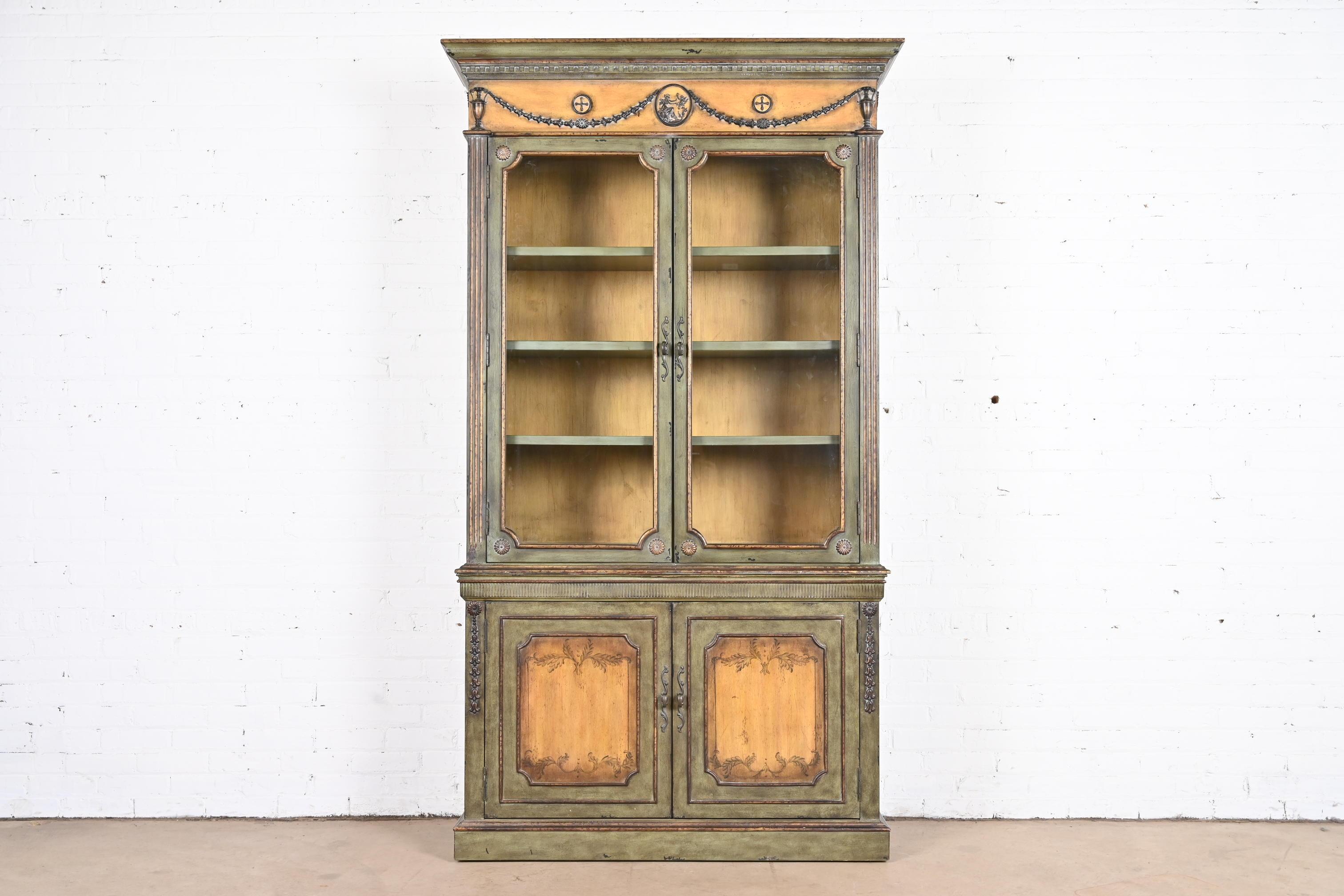 Neoclassical Contemporary Italianate Carved Painted Breakfront Bookcase Cabinet