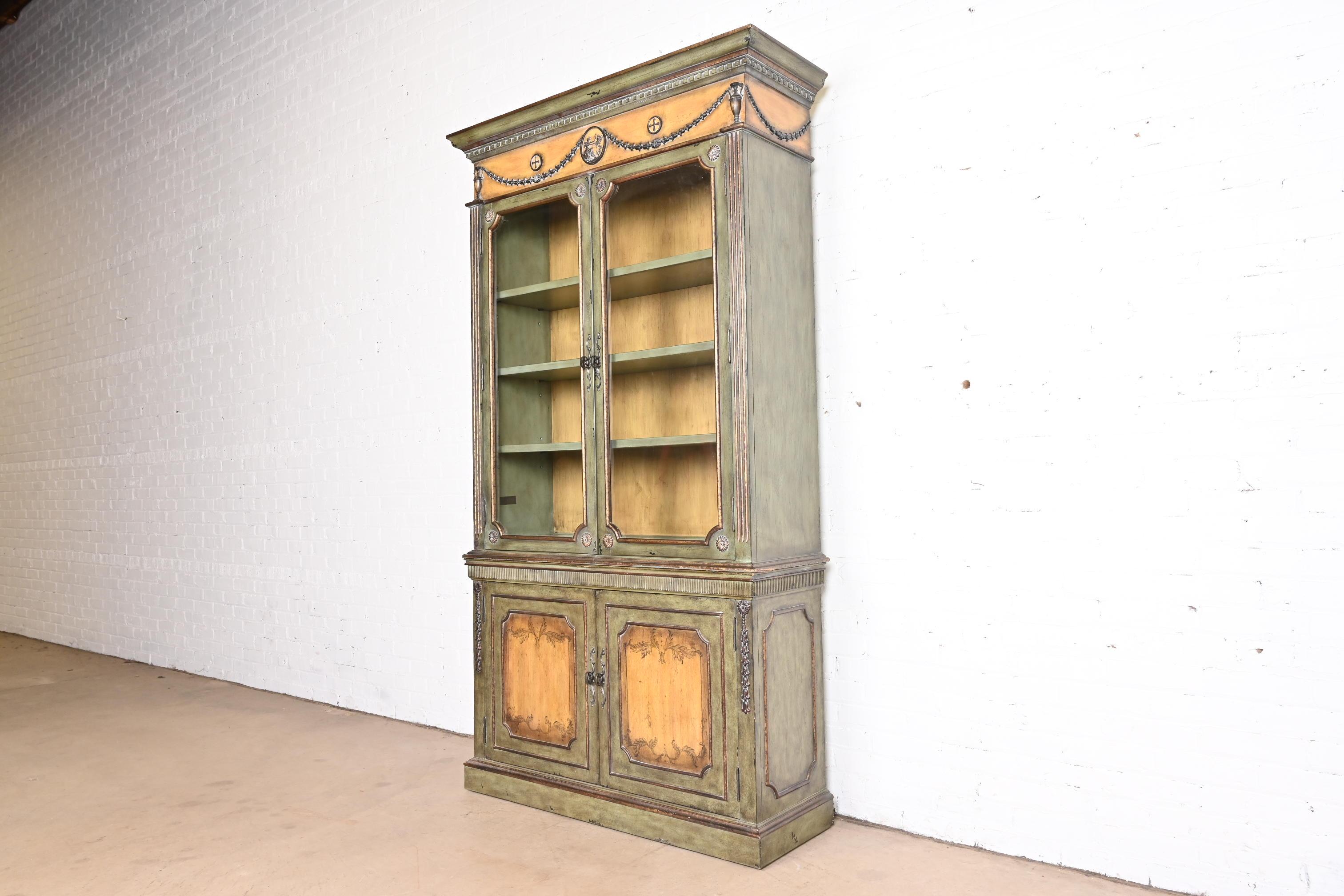 Glass Contemporary Italianate Carved Painted Breakfront Bookcase Cabinet