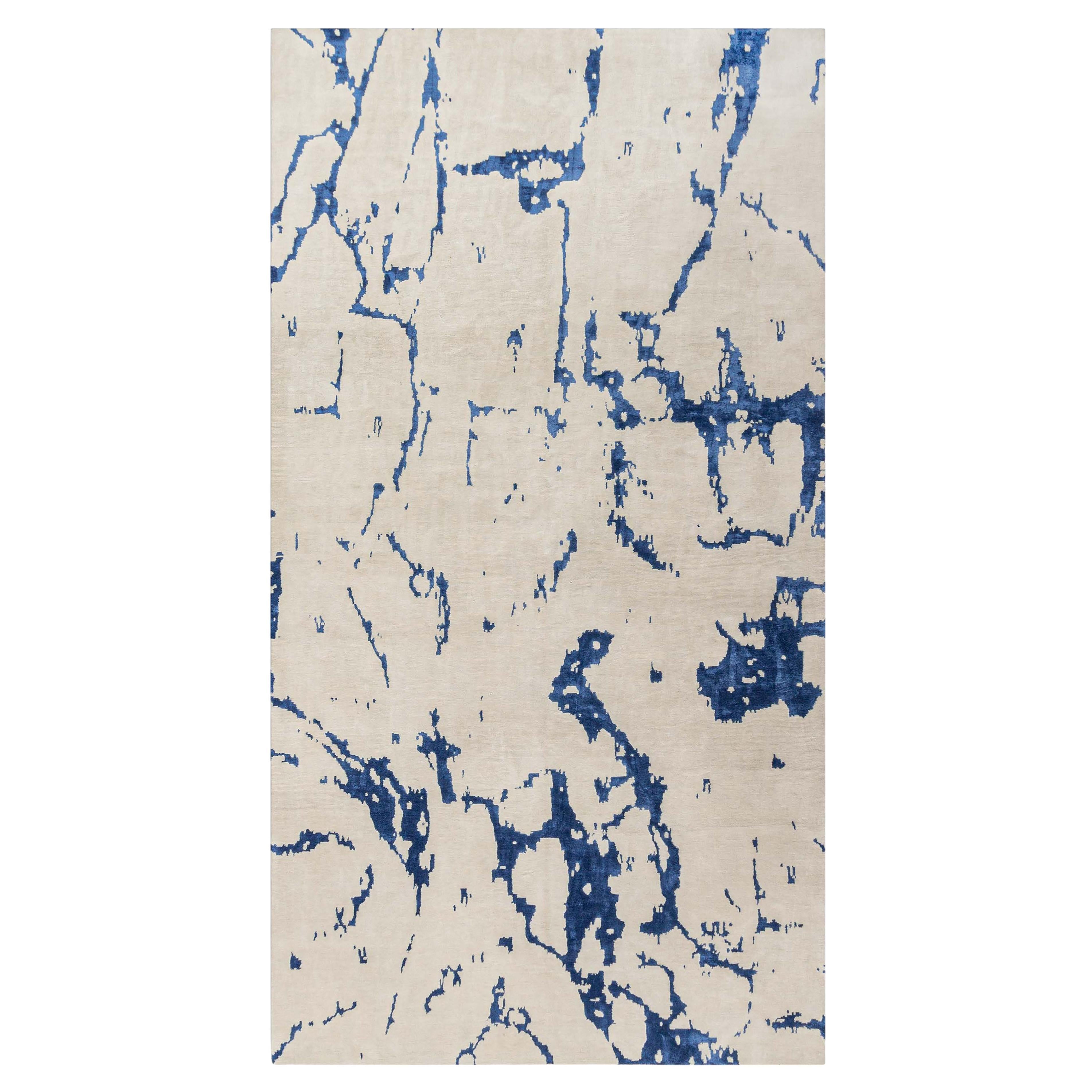Contemporary Ivory Abstract Wool & Silk Hand Knotted Living Room Rug 8' x 16'3
