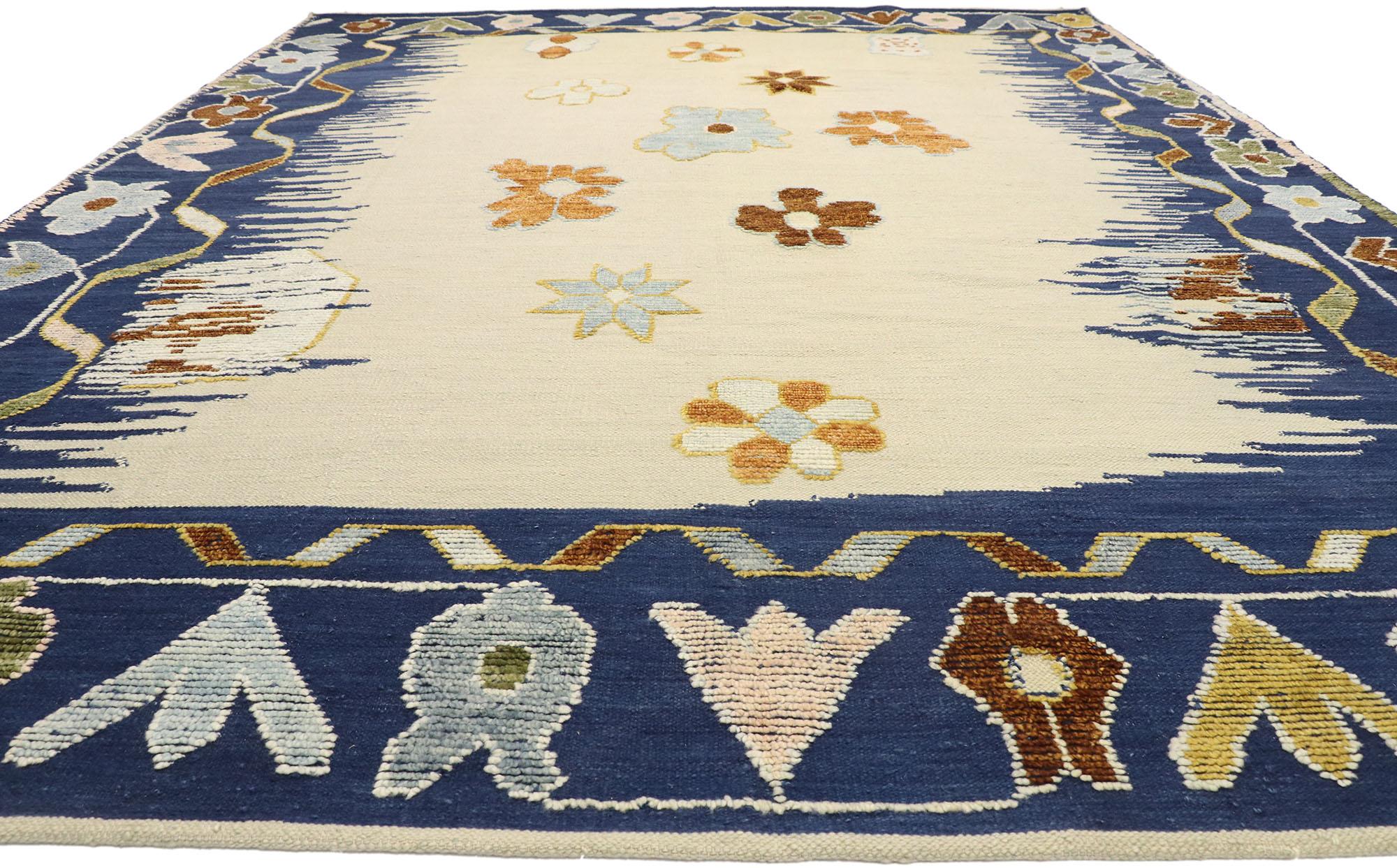 Hand-Woven Contemporary Ivory and Blue Oushak Rug with Raised Design