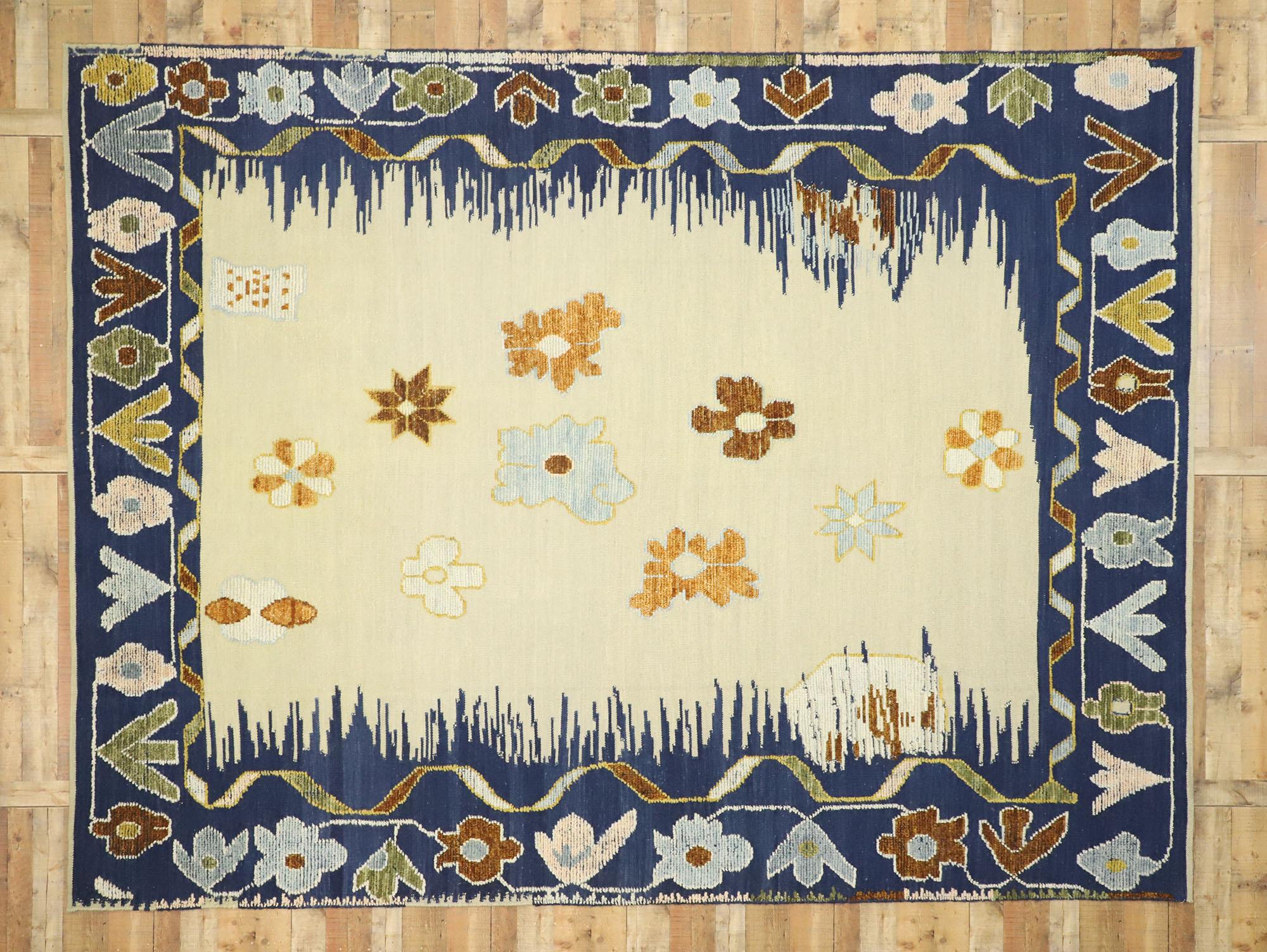 Wool Contemporary Ivory and Blue Oushak Rug with Raised Design