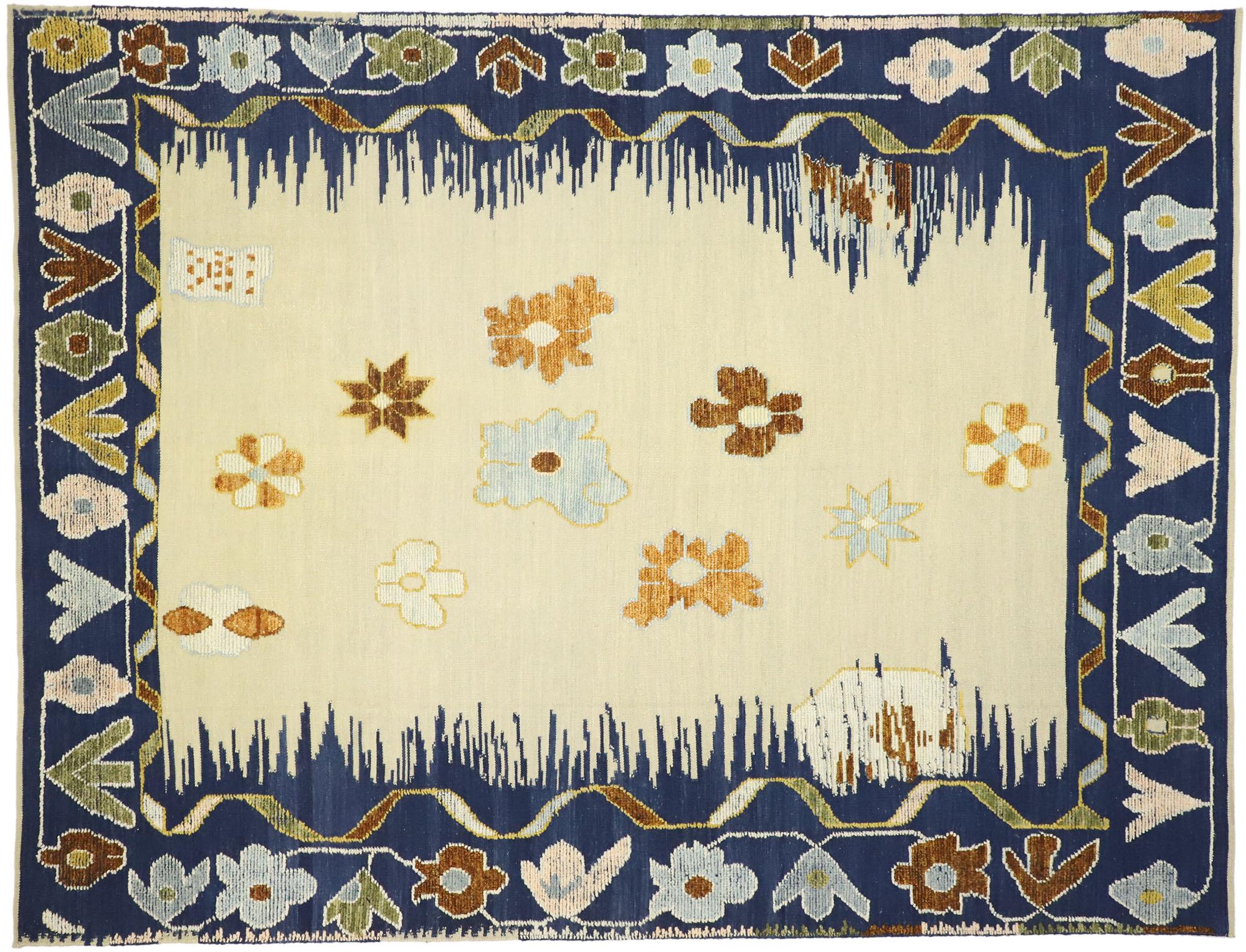 Contemporary Ivory and Blue Oushak Rug with Raised Design 1