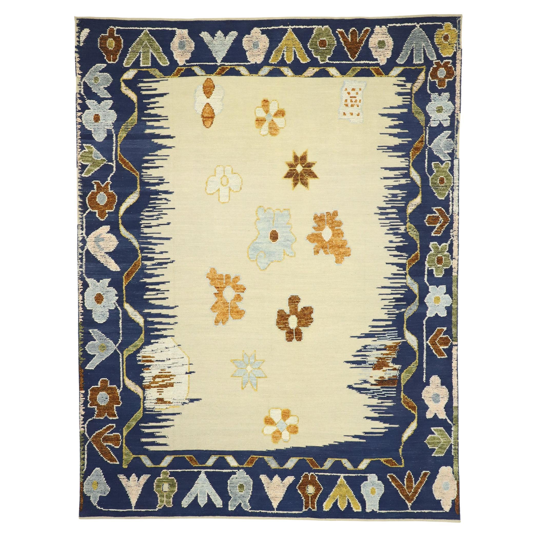 Contemporary Ivory and Blue Oushak Rug with Raised Design