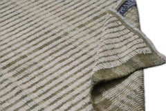 Contemporary Ivory and Green Hand-Knotted Linear Striped Wool Rug 9'2''x12'