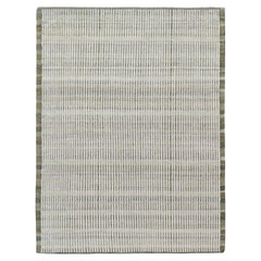 Contemporary Ivory and Green Hand-Knotted Linear Striped Wool Rug 9'2''x12'