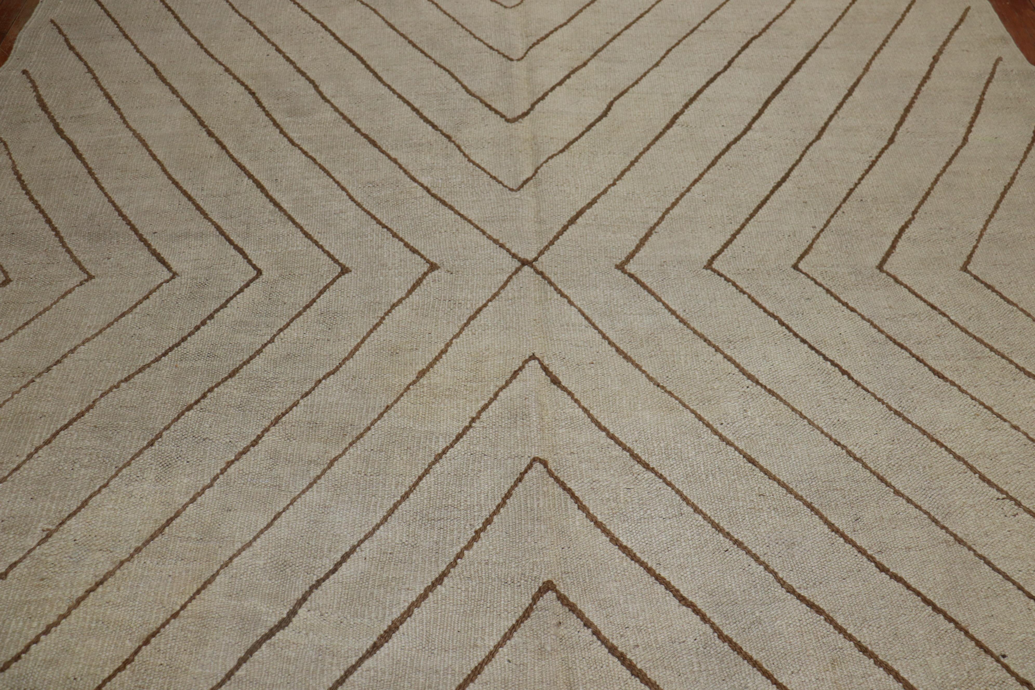 Hand-Knotted Contemporary Ivory Brown Modern Kilim