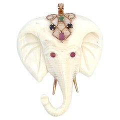 Contemporary Ivory Elephant Pendant w 14k Yellow Gold and Ruby/Sapphire/Emerald 