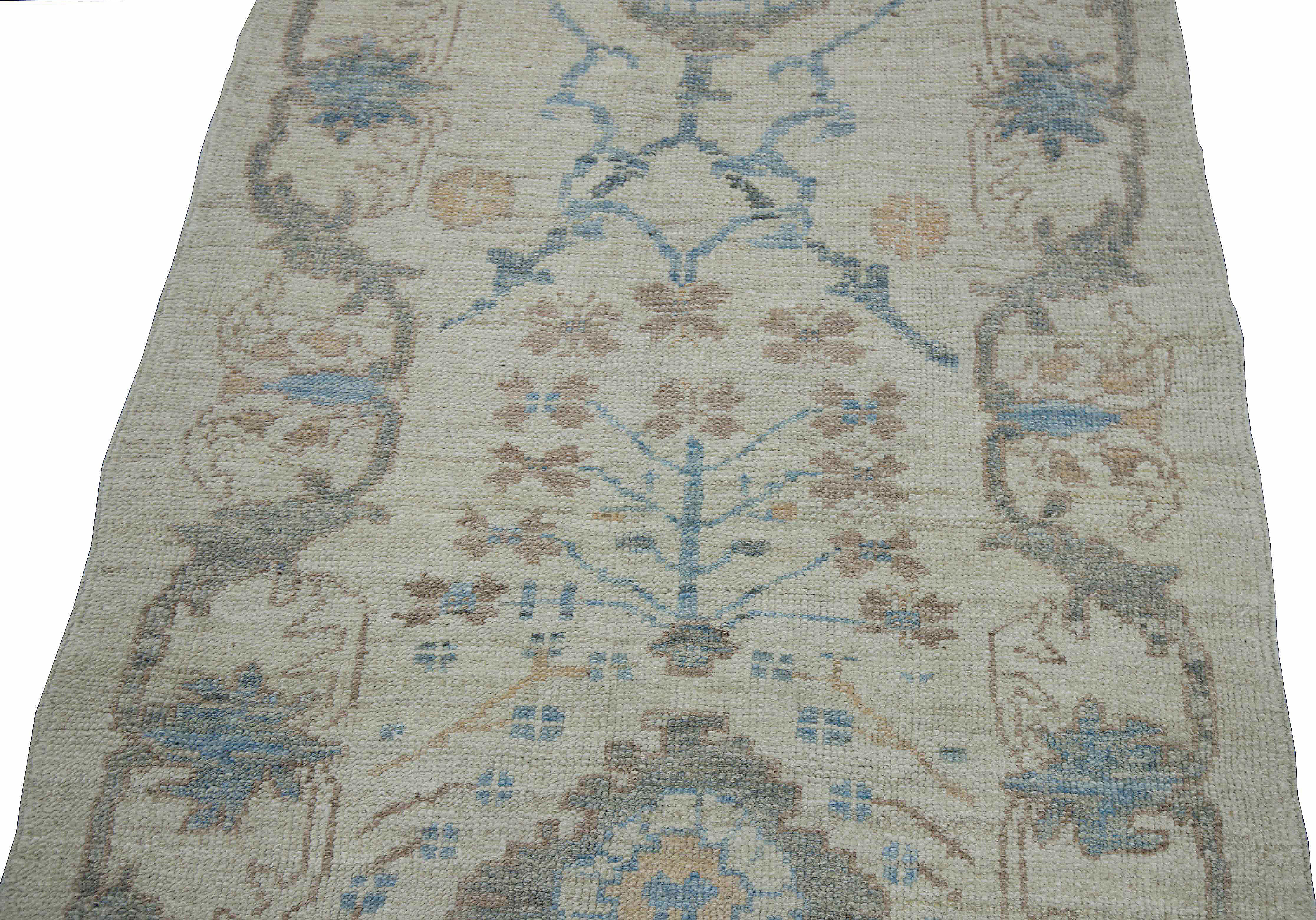 Turkish Contemporary Ivory Oushak Rug with Floral Motifs in Gray, Brown, and Blue For Sale
