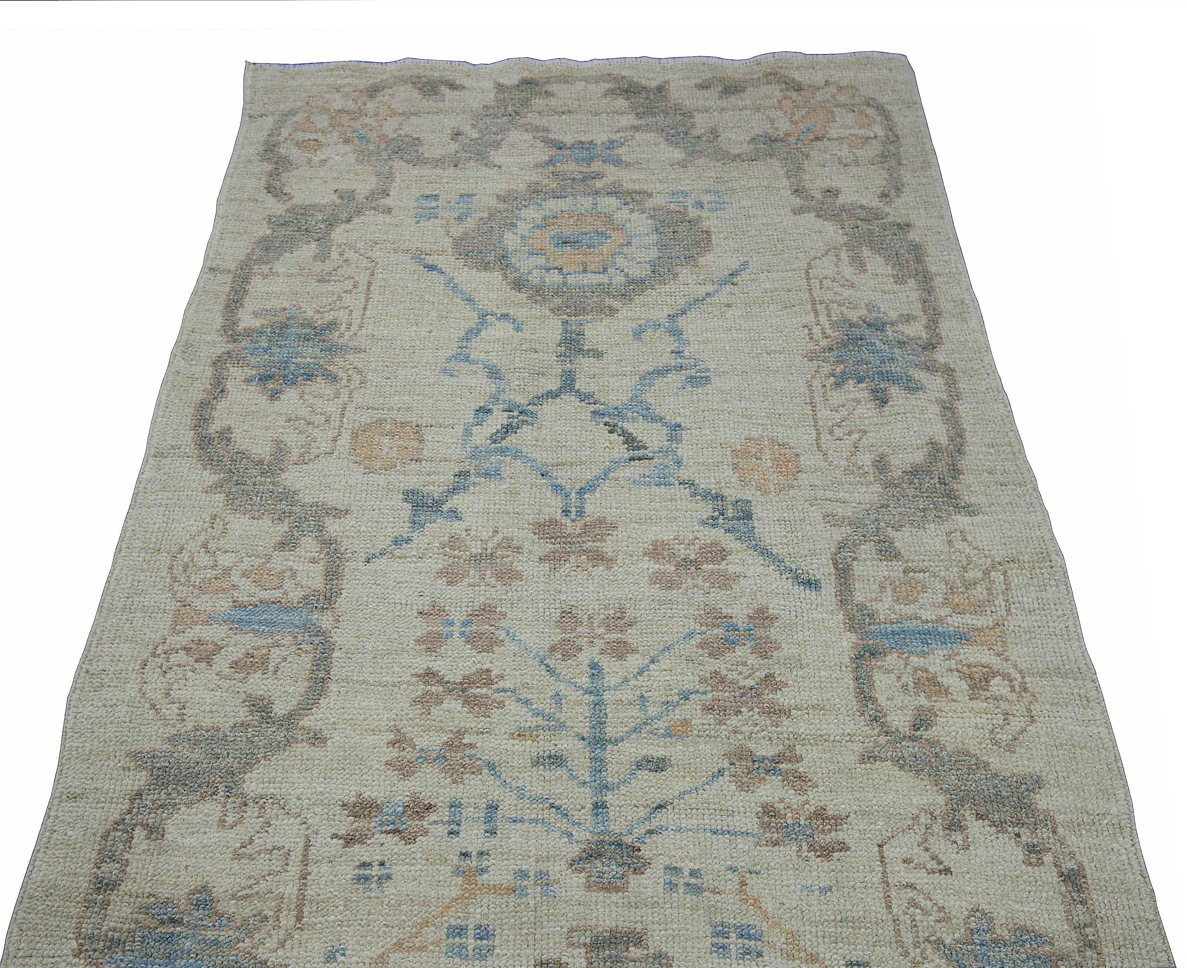 Contemporary Ivory Oushak Rug with Floral Motifs in Gray, Brown, and Blue In New Condition For Sale In Dallas, TX