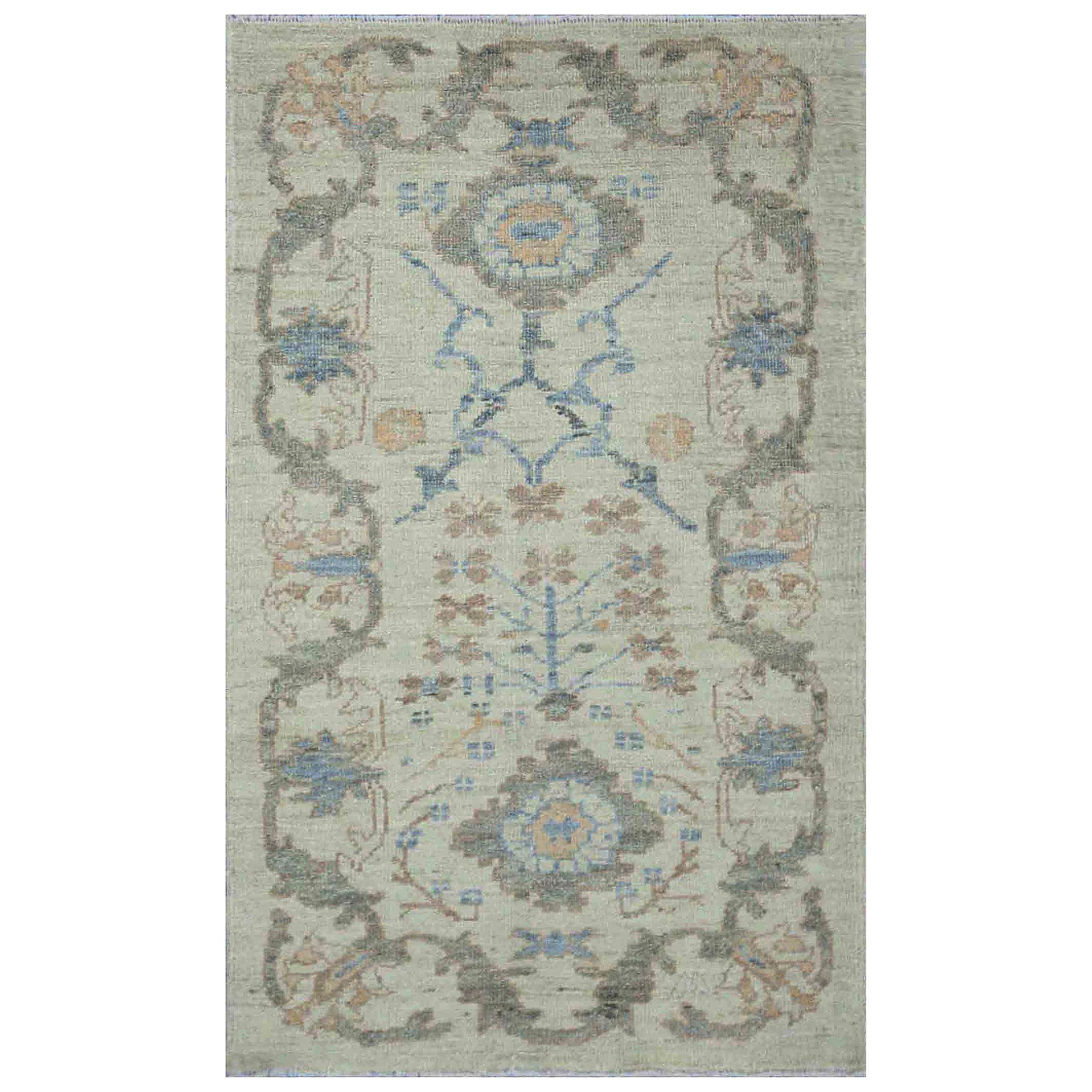 Contemporary Ivory Oushak Rug with Floral Motifs in Gray, Brown, and Blue For Sale