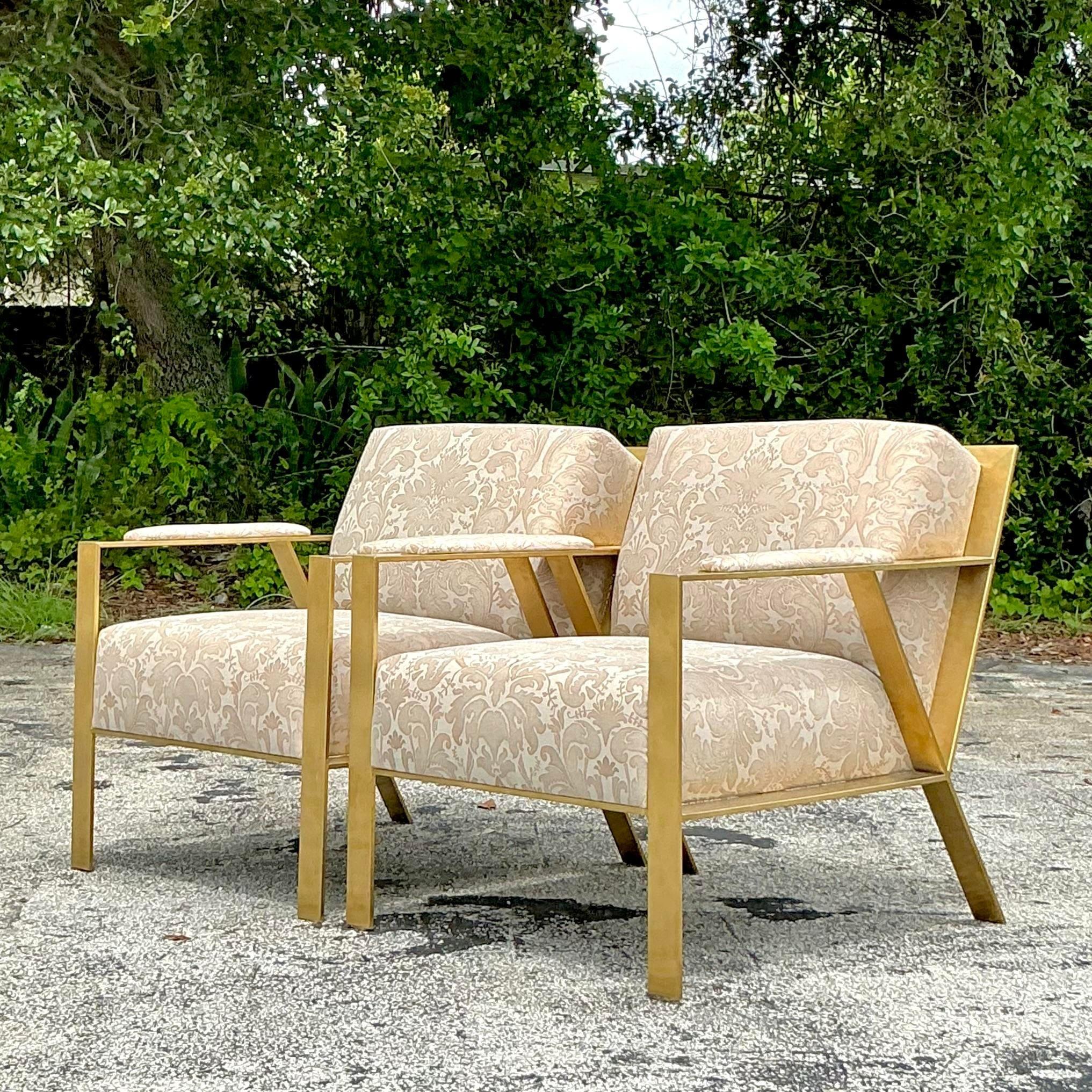 American Contemporary Jacquard Fleur De Lys Lounge Chairs - a Pair