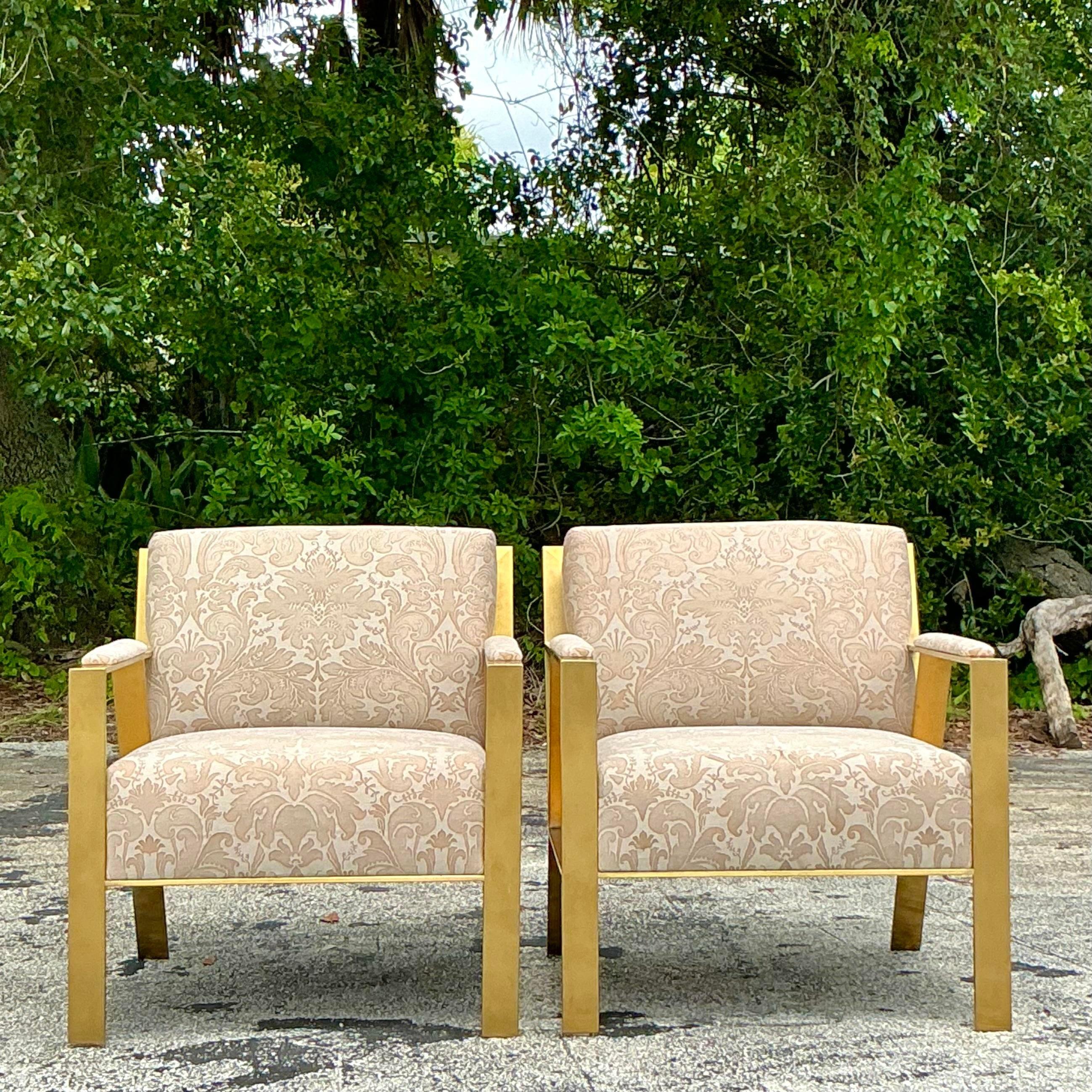 Contemporary Jacquard Fleur De Lys Lounge Chairs - a Pair In Good Condition In west palm beach, FL