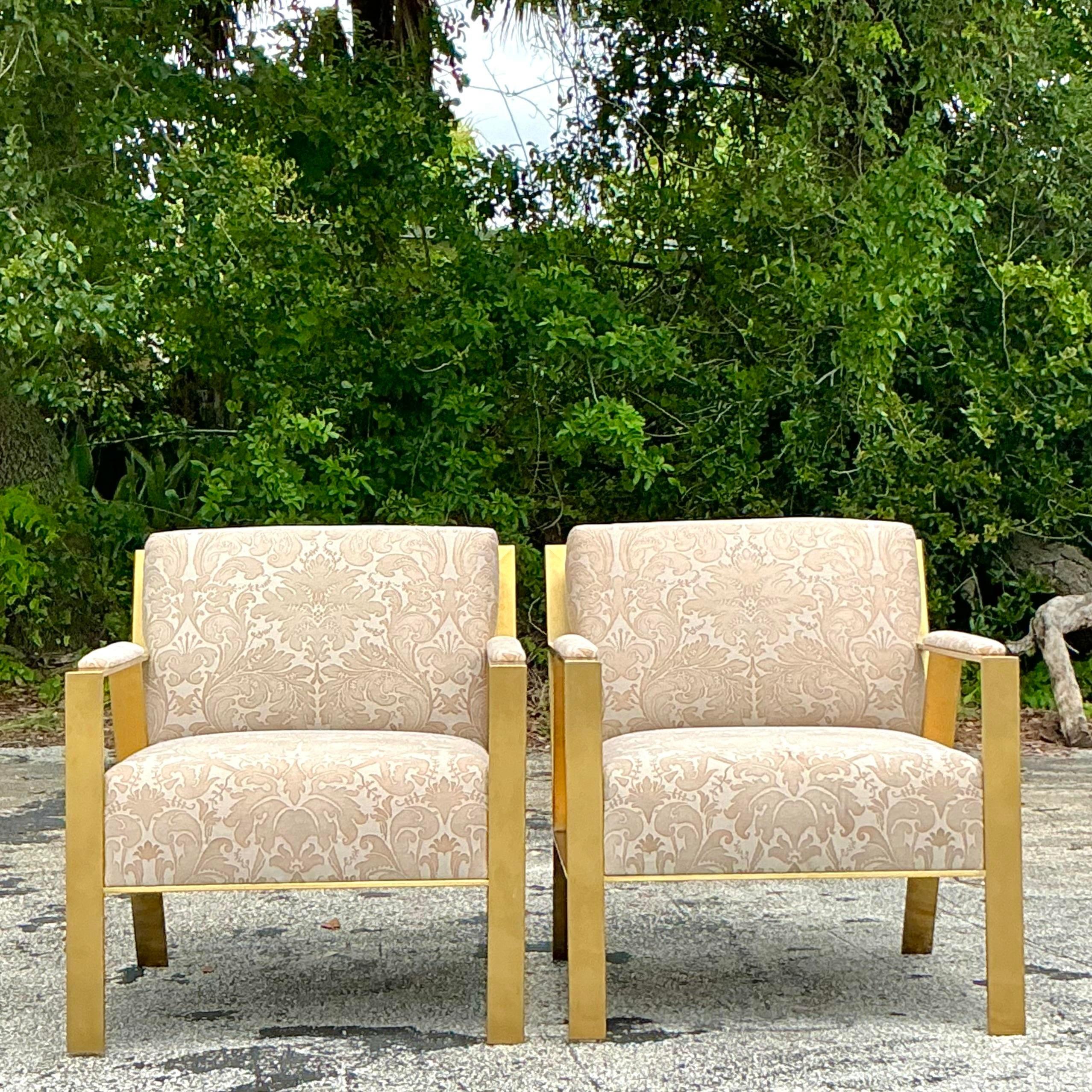 Metal Contemporary Jacquard Fleur De Lys Lounge Chairs - a Pair