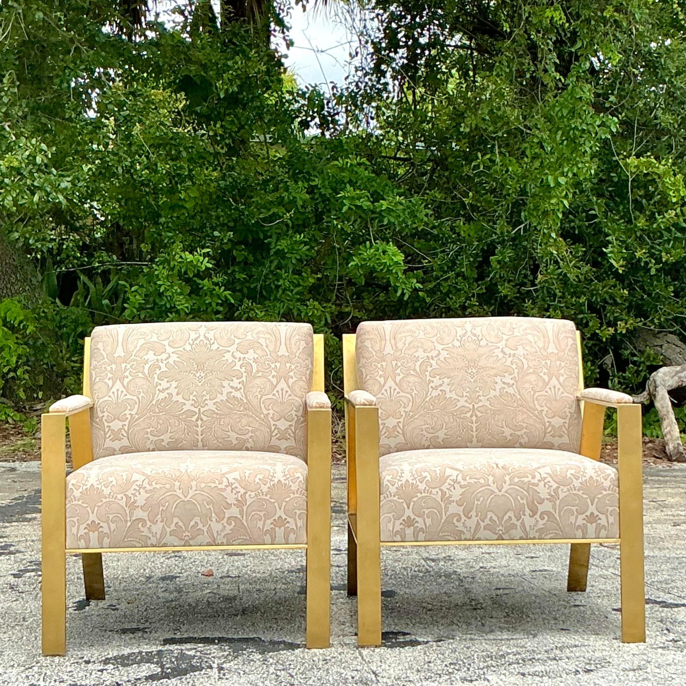 Contemporary Jacquard Fleur De Lys Lounge Chairs - a Pair 2
