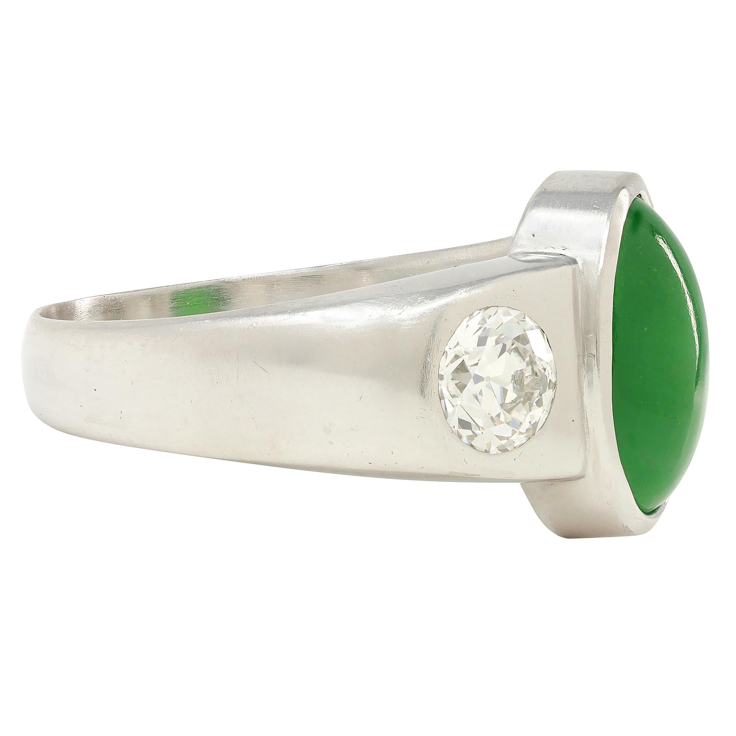 Anillo Biselado Contemporáneo de Jade Diamante Platino Tres Piedras Unisex para Hombre Cabujón en venta