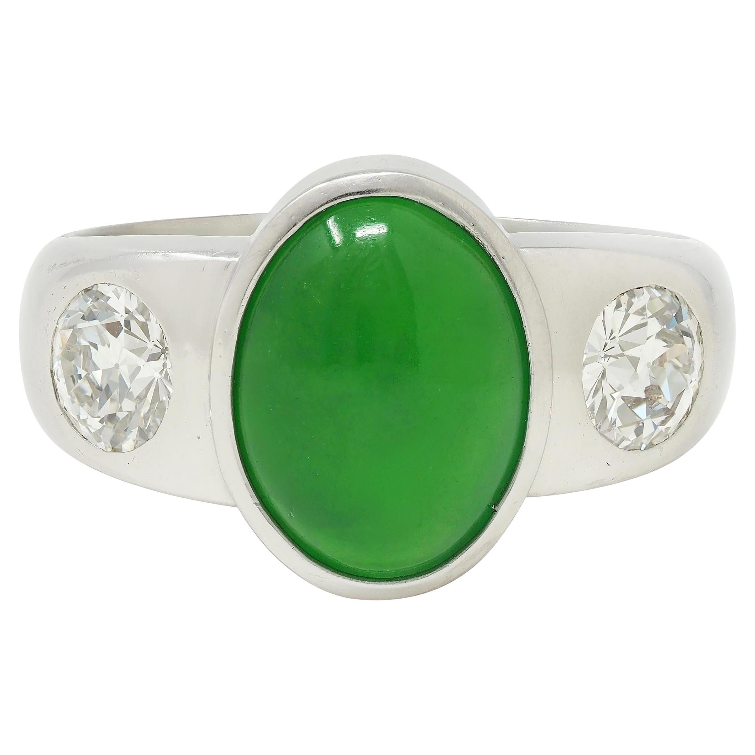 Anillo Biselado Contemporáneo de Jade Diamante Platino Tres Piedras Unisex para Hombre en venta