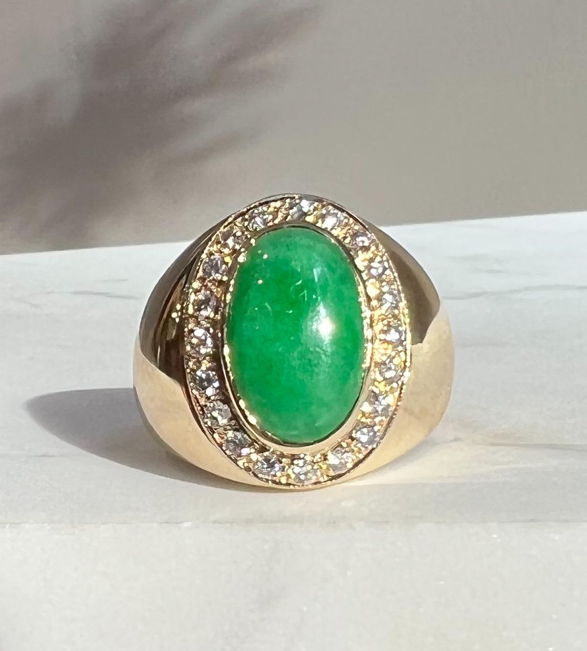 Women's or Men's Contemporary Jadeite & Diamond Dome Ring in 14K Yellow Gold For Sale