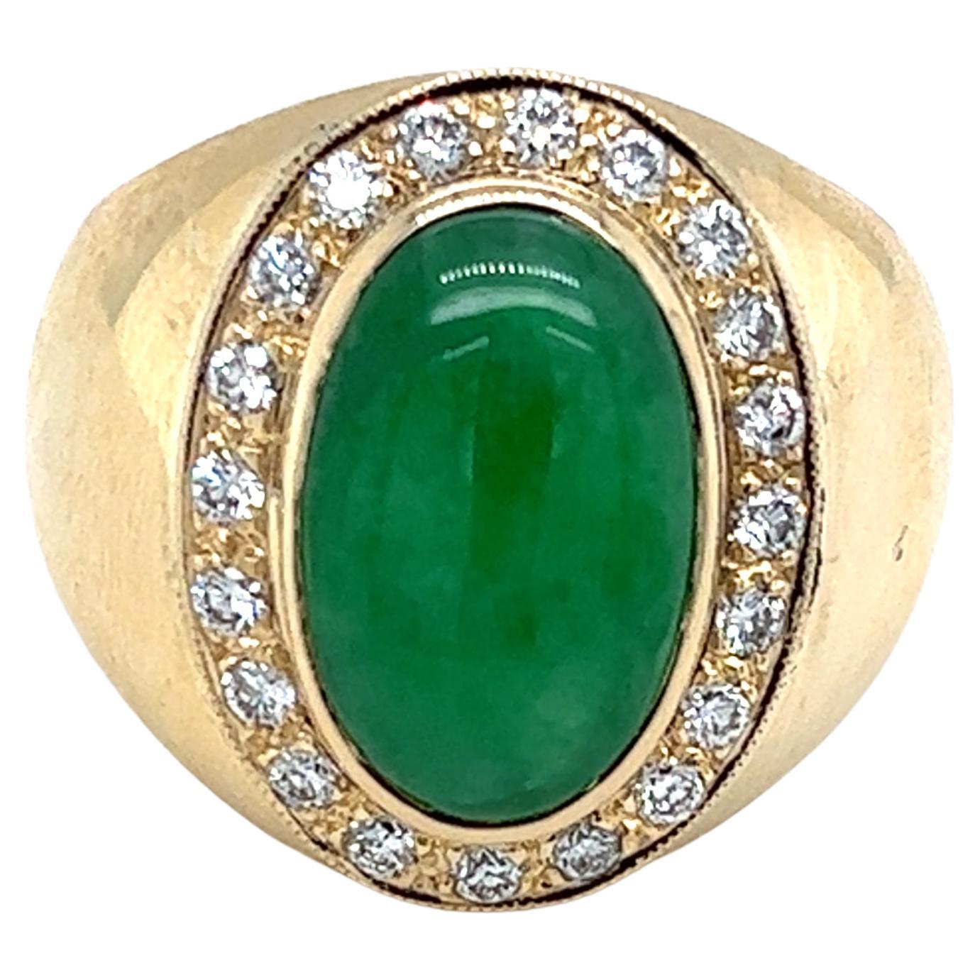 Contemporary Jadeite & Diamond Dome Ring in 14K Yellow Gold For Sale
