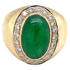 Retro Contemporary Jadeite & Diamond Dome Ring in 14K Yellow Gold