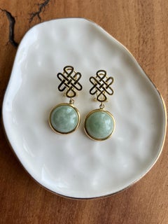 Contemporary Jadeite & Yellow Gold Chinese Knot Omega Backed Drop Earrings 1980s