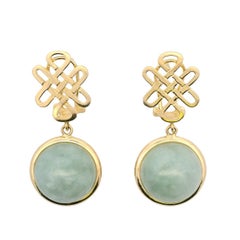 Contemporary Jadeite & Yellow Gold Chinese Knot Omega Backed Drop Earrings 1980s