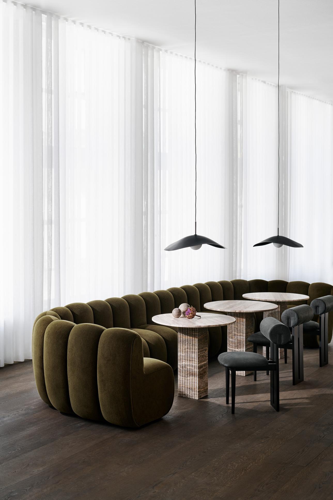 JAGGER Sofa, Dining version
Modular sofa: create your own configuration using all available modules. 

Configuration shown on main image: 
Modules: 16 x Single + 16 x Curve
Fabric: Barnum Bouclé col.24

Available as both a lounge and dining sofa,