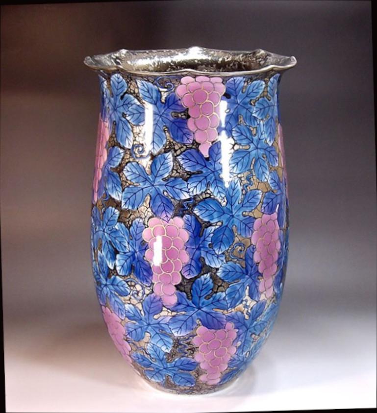 Hand-Painted Contemporary Japanese Black Blue Pink Platinum Porcelain Vase by Master Artist For Sale