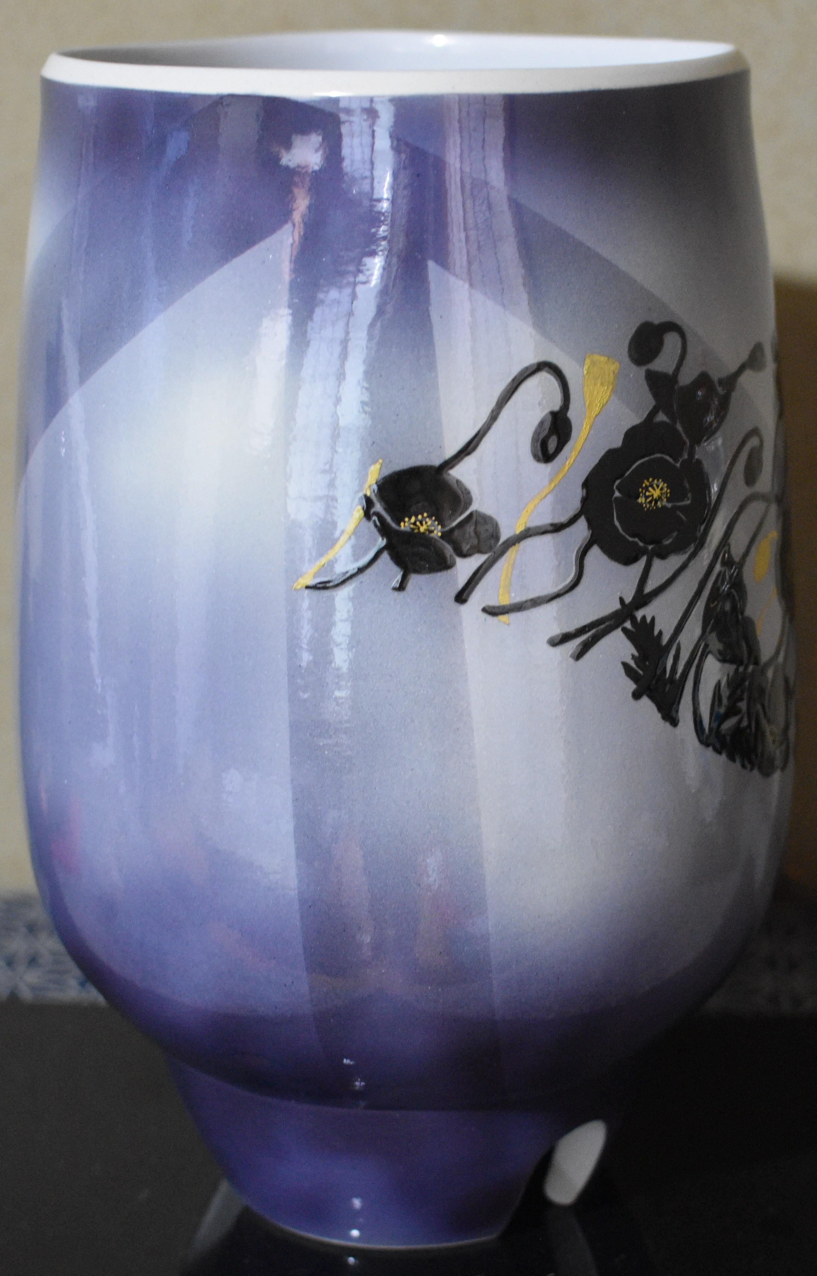 Meiji Contemporary Japanese Black Blue Yellow Porcelain Vase by Master Artist, 3 For Sale