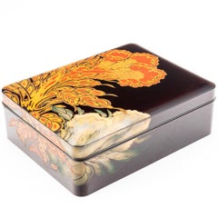 Contemporary Japanese Black Lacquer Document Box with Engraved Floral Design