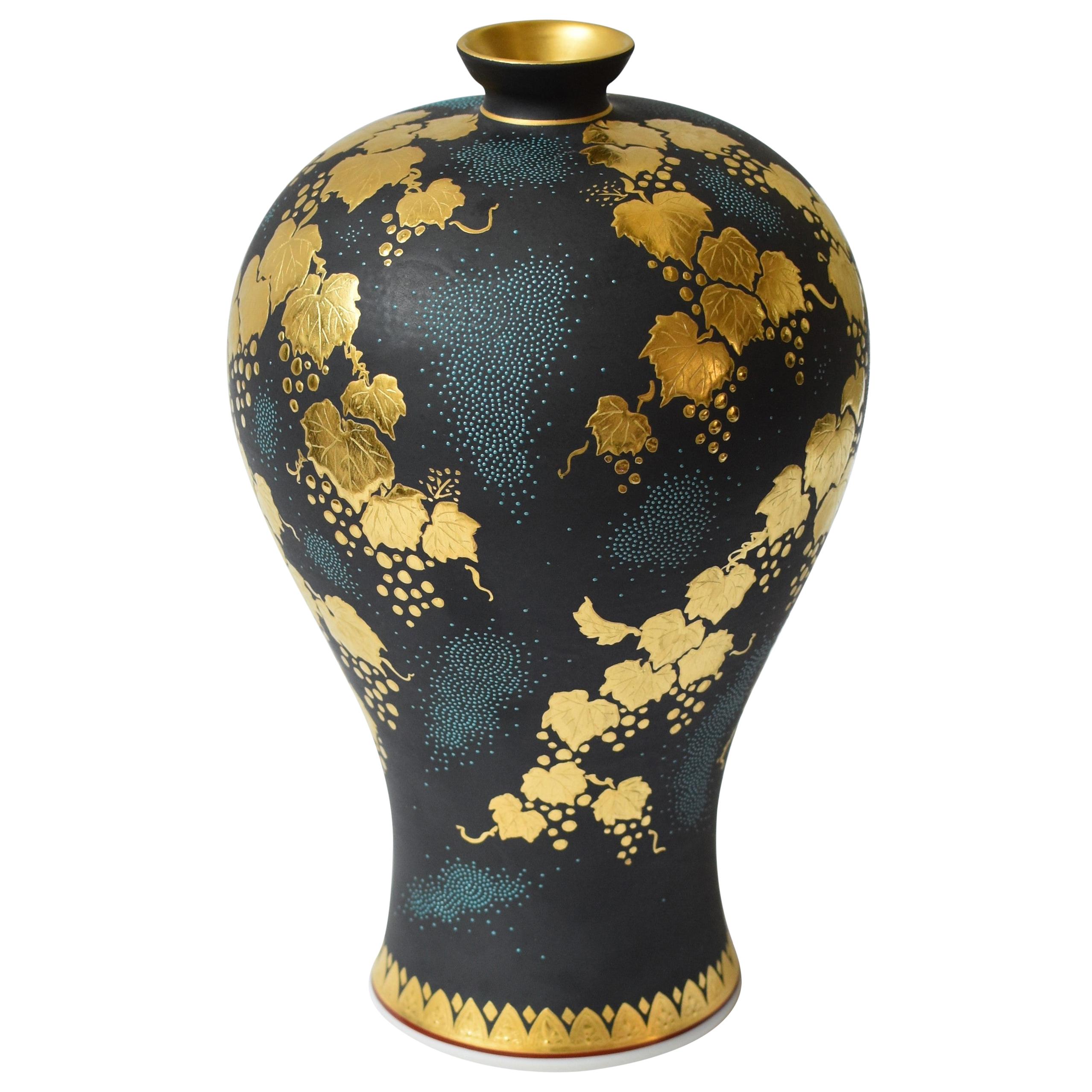 Japanese Contemporary Blue Black Gold Porcelain Vase by Master Artist, 2