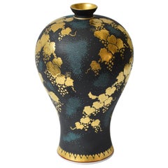Japanese Contemporary Blue Black Gold Porcelain Vase by Master Artist