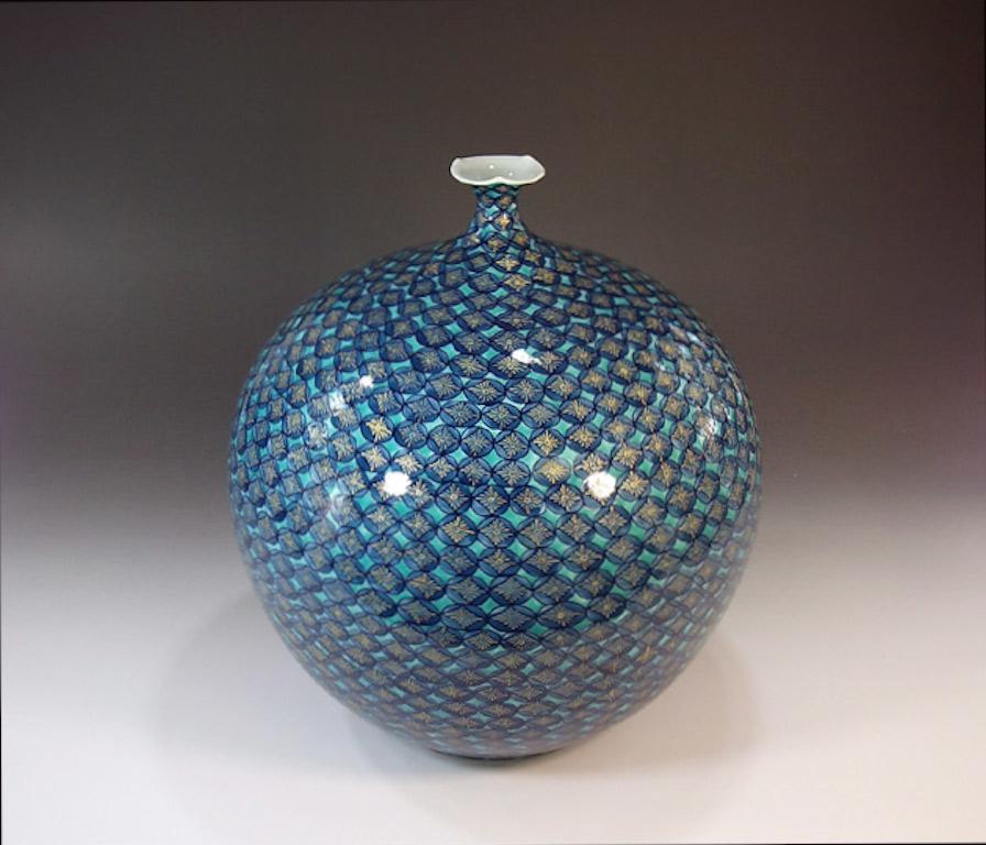 Contemporary Japanese Blue Black Green Porcelain Vase by Master Artist For Sale 1