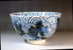 Contemporary Japanese Blue Gray Gold Porcelain Matcha Tea Cup by Master Artist